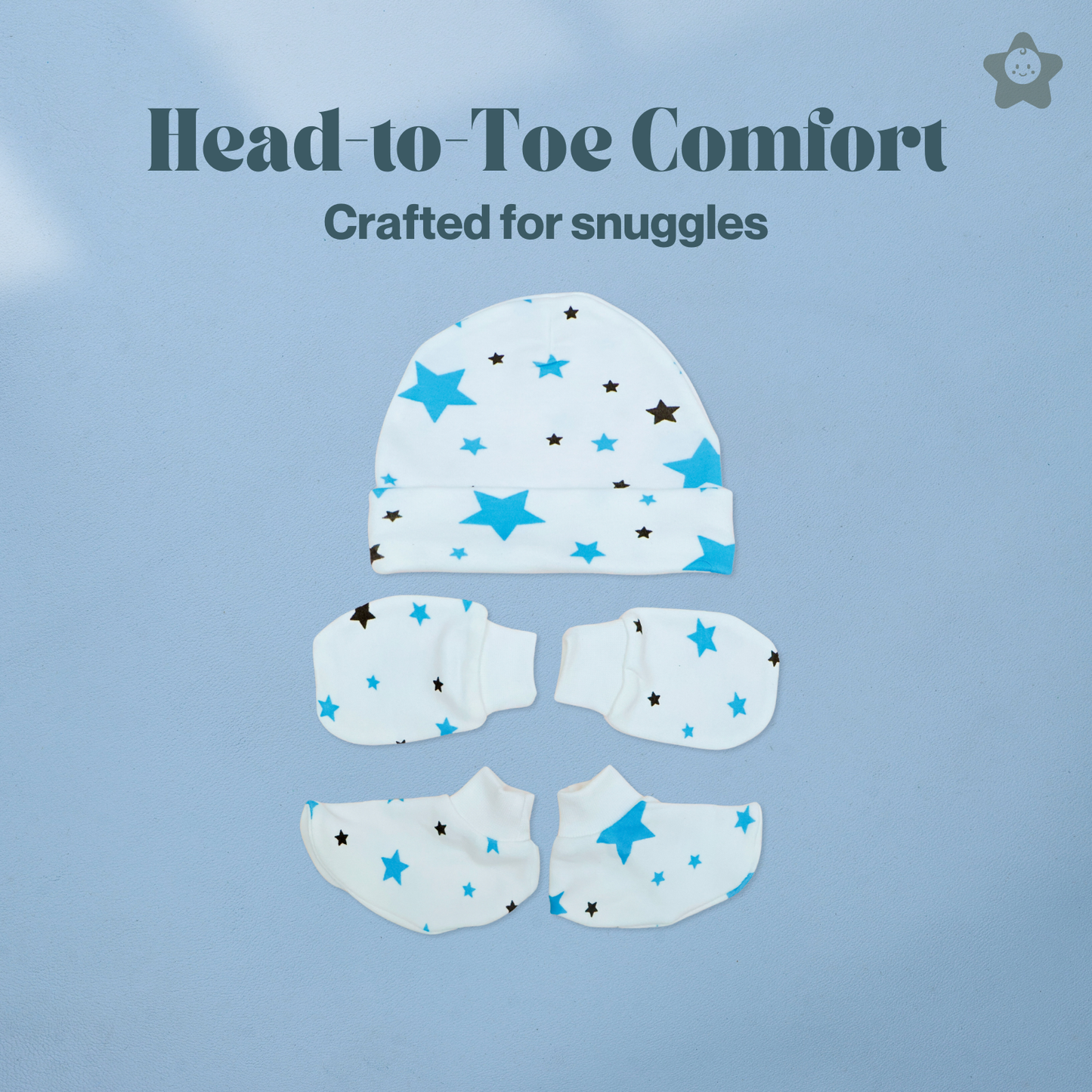 Cap Mittens Booties Set - 100% Ultra Soft Cotton Combo Set Stars (Sky Twinkles)