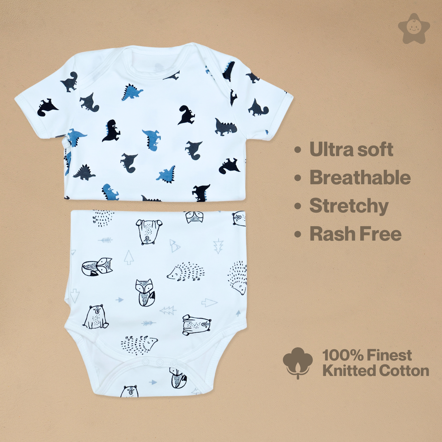 Kika Kiki Dino & Bear BodySuits - 100% Ultra Soft Knitted Cotton Unisex Onesies (Pack of 2)
