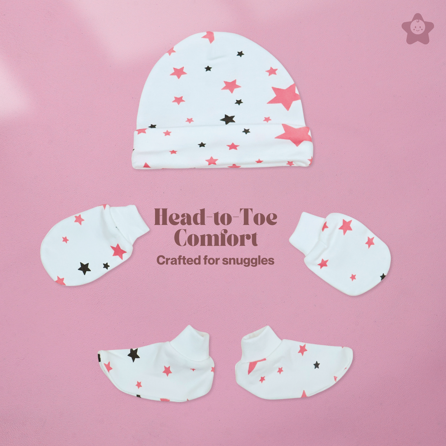 Cap Mittens Booties Set - 100% Ultra Soft Cotton Combo Set Stars (Fuchisa)