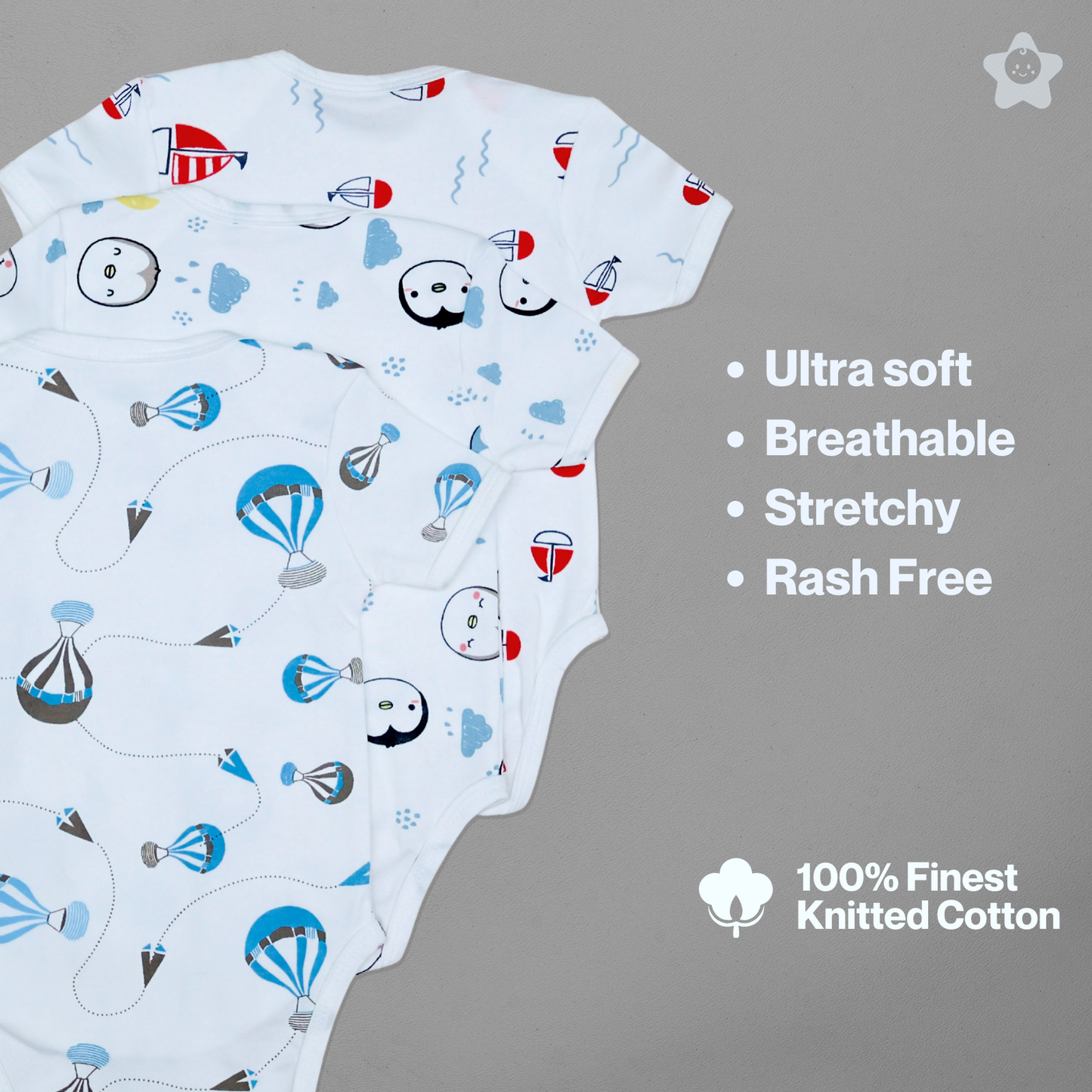 Kika Kiki Horizon Prints BodySuits - 100% Ultra Soft Knitted Cotton Unisex Onesies (Pack of 3)