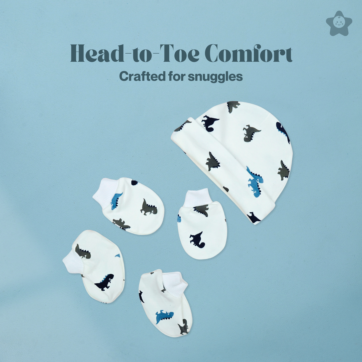 Cap Mittens Booties Set - 100% Ultra Soft Cotton Combo Dino prints