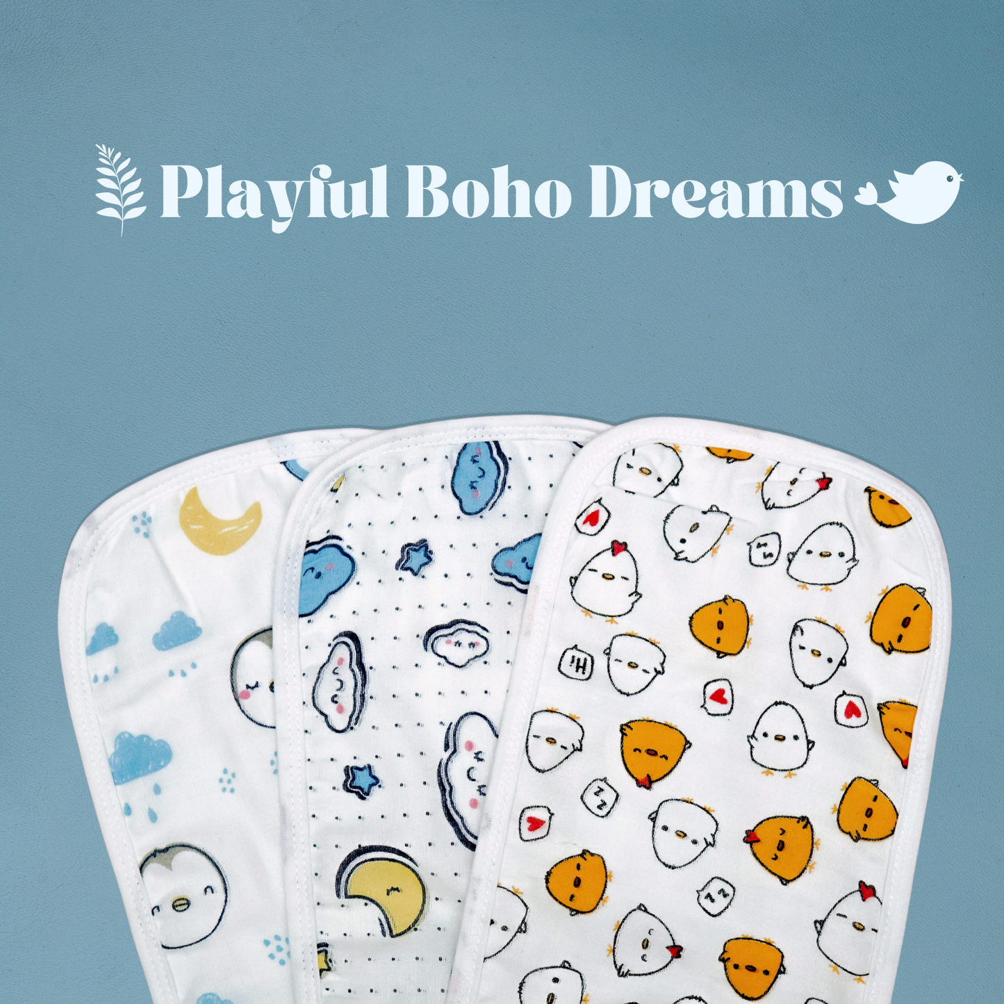 Kika Kiki Buddy Boho Burp Cloth- 100% Soft Muslin Cotton (Pack of 3)