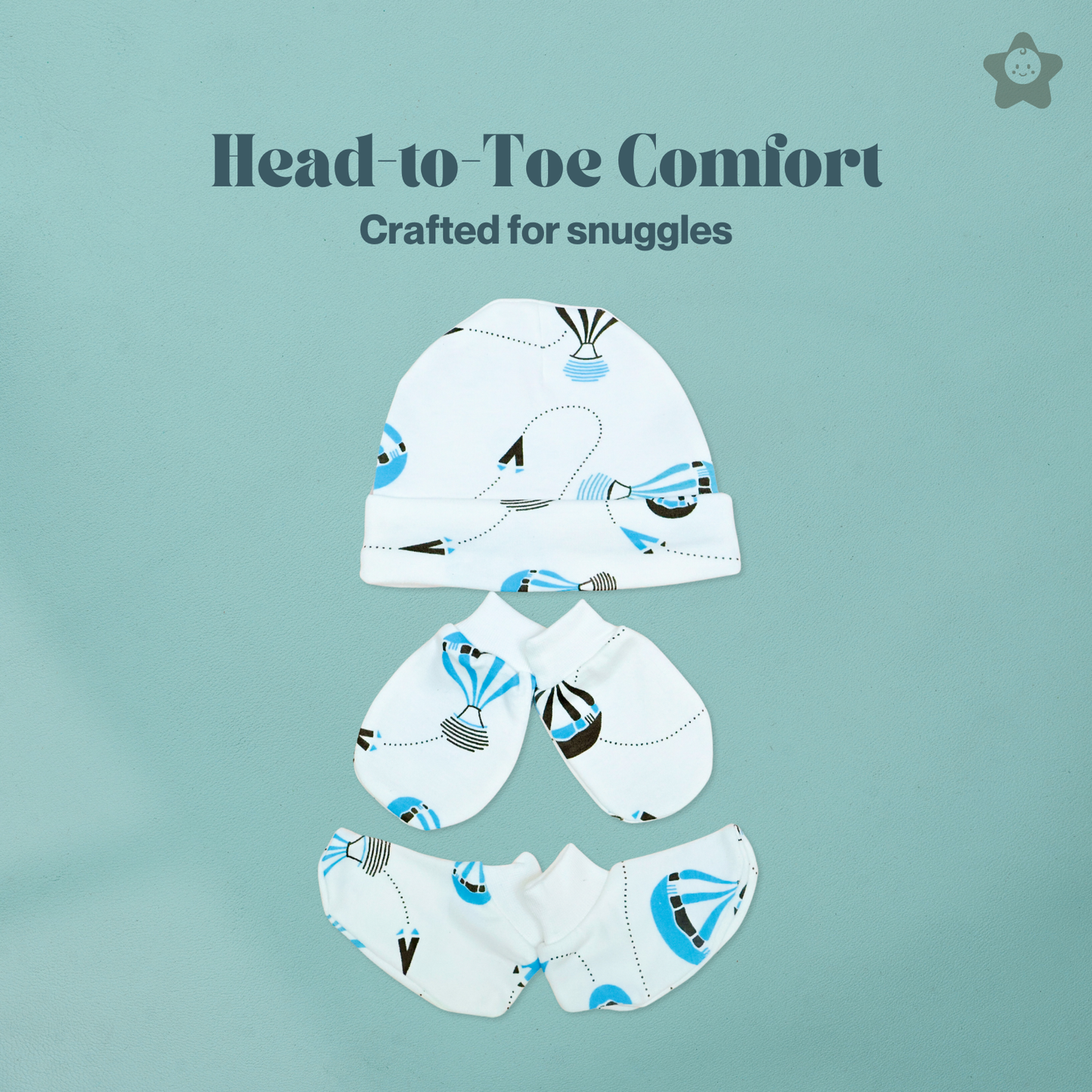 Cap Mittens Booties Set - 100% Ultra Soft Cotton Combo Sky twinkles Print