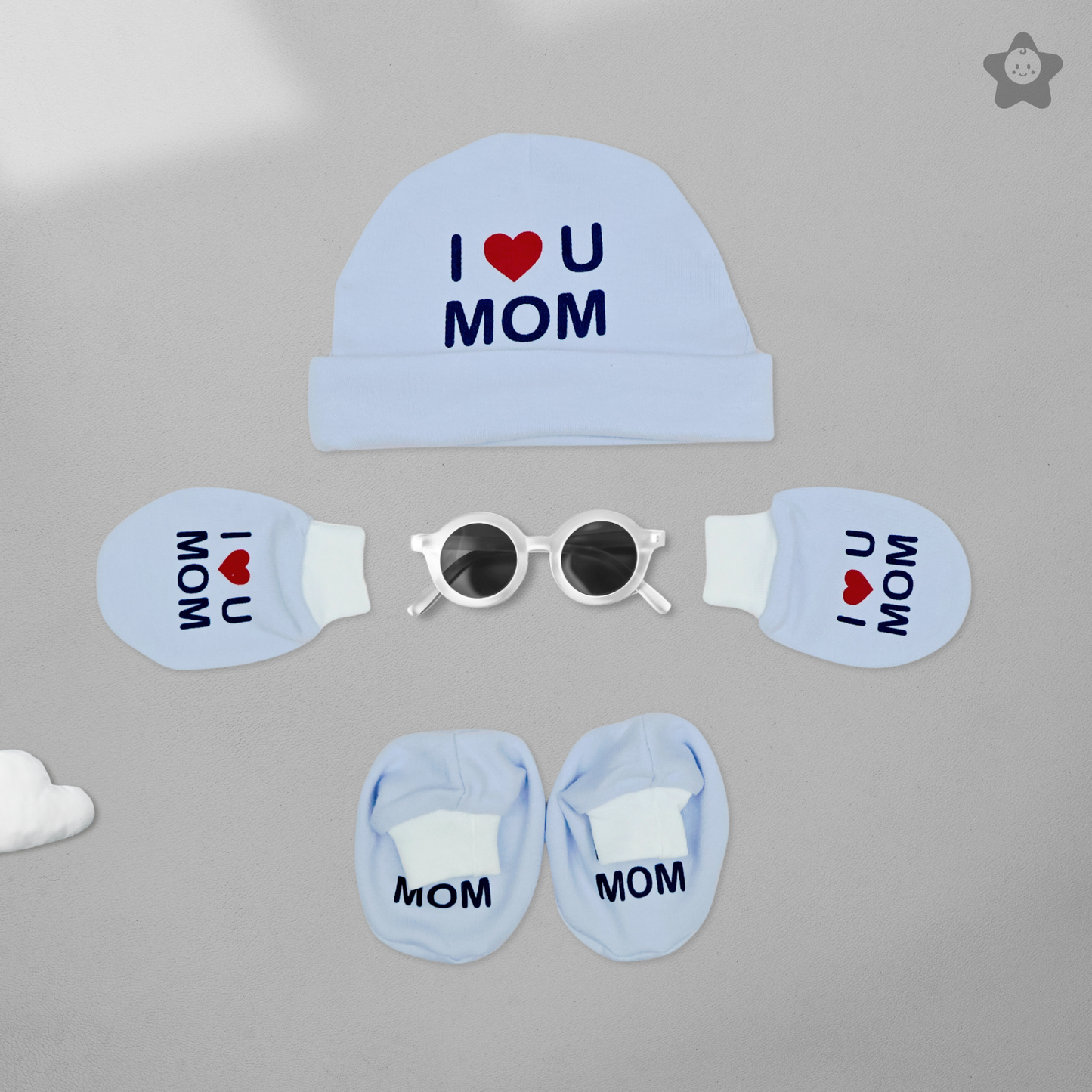 Kika Kiki I Love Mom Prints Cap Mittens Booties Set - 100% Ultra Soft Cotton Combo Baby blue