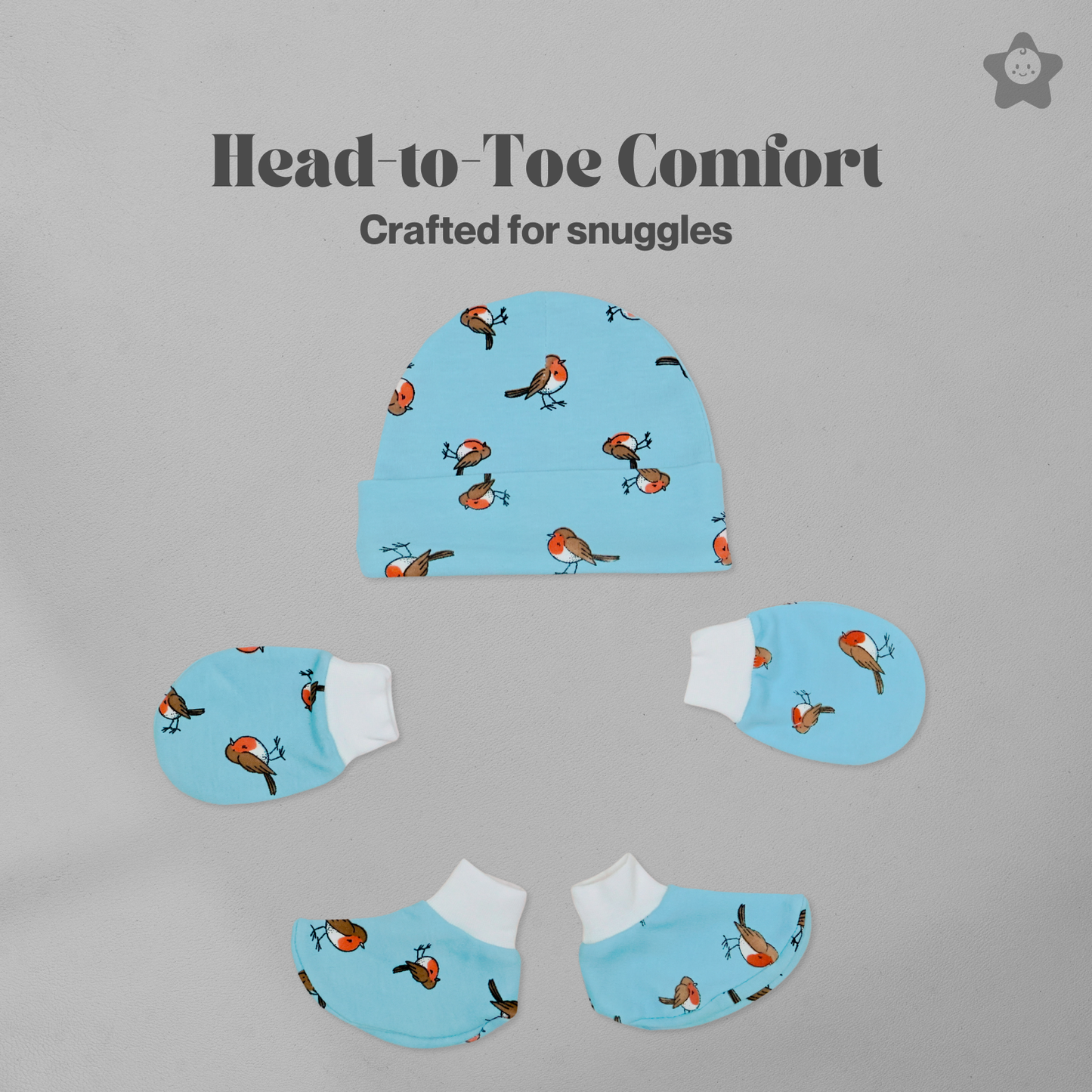 Kika Kiki Cap Mittens Booties Set - 100% Ultra Soft Cotton Combo Sparrows prints