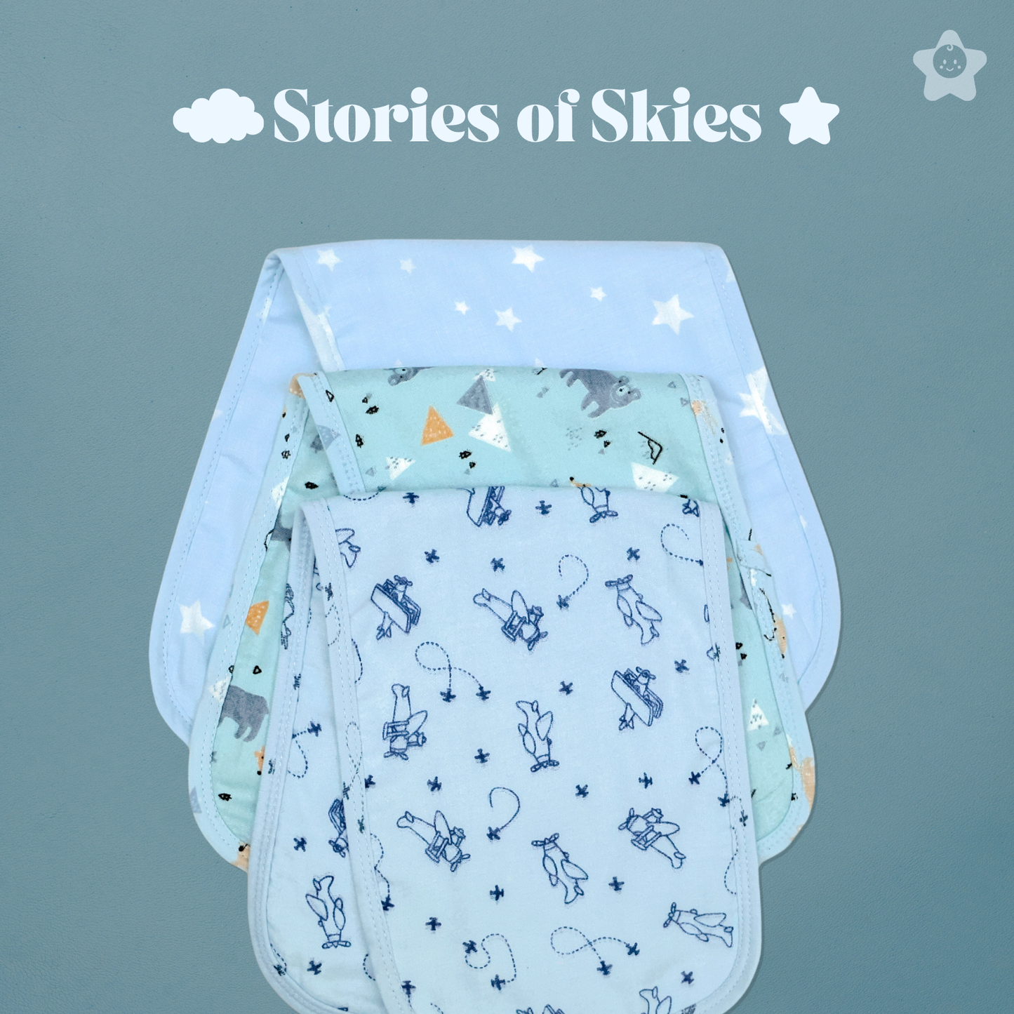 Kika Kiki Cyan Shades Burp Cloth- 100% Soft Muslin Cotton (Pack of 3)