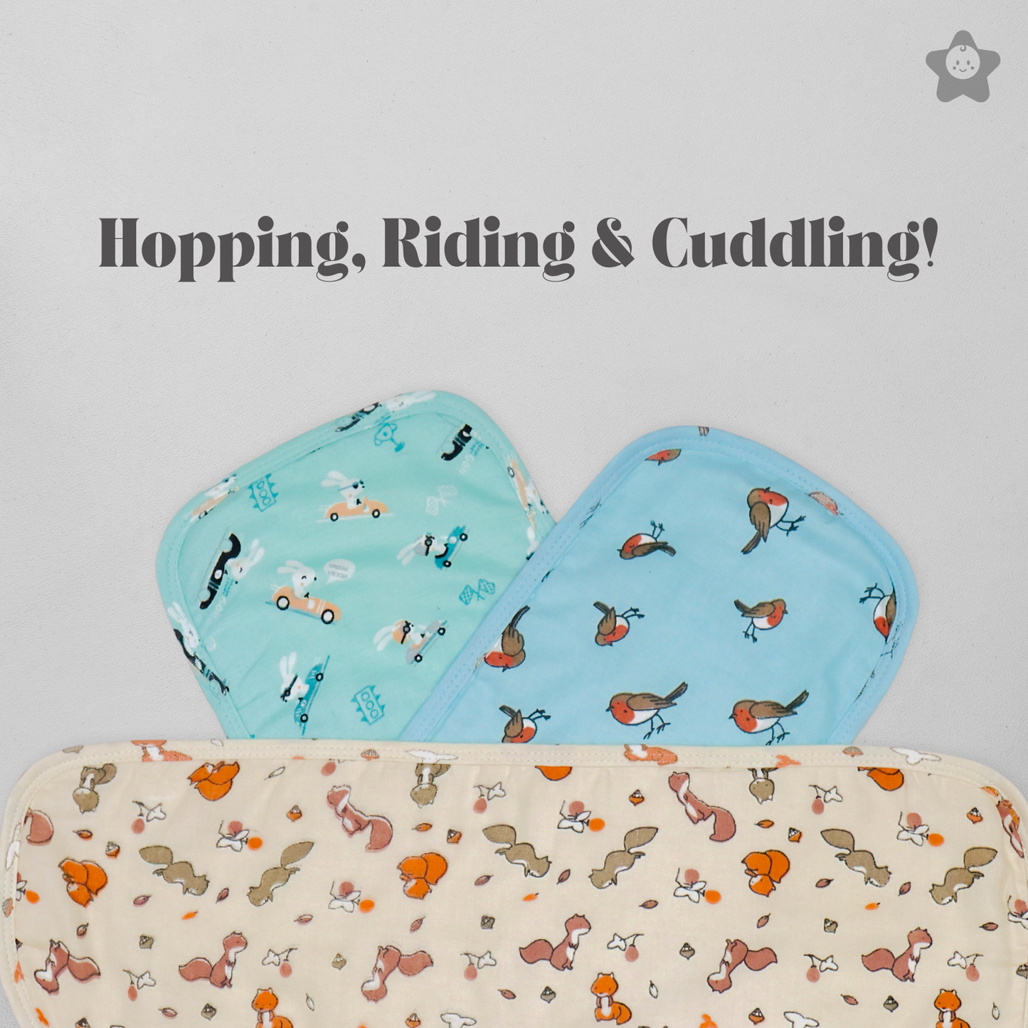 Kika Kiki Frolic Prints Burp Cloth- 100% Soft Muslin Cotton (Pack of 3)