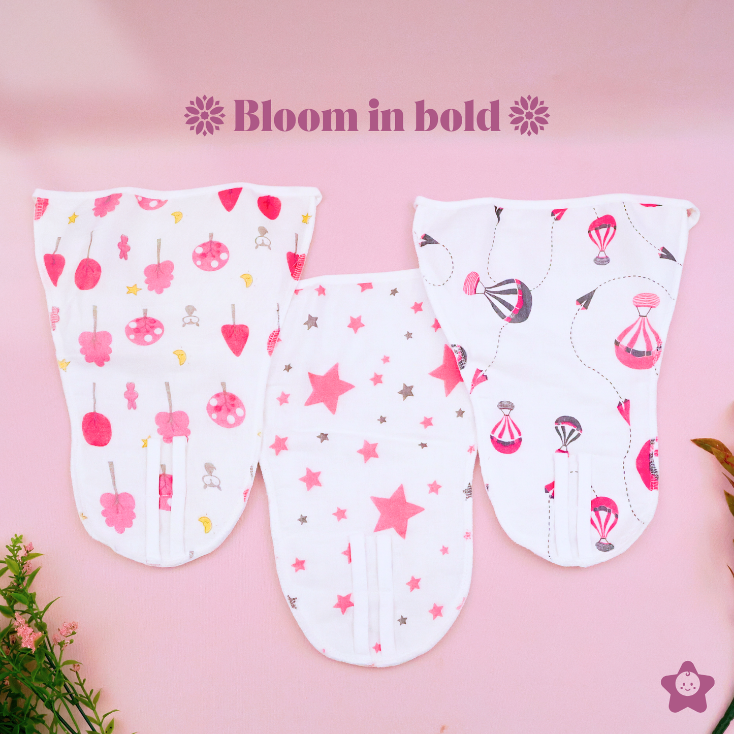 Kika Kiki Fuchisa Print Muslin Padded Nappies - 100% Soft Cotton Langot (Pack of 3)