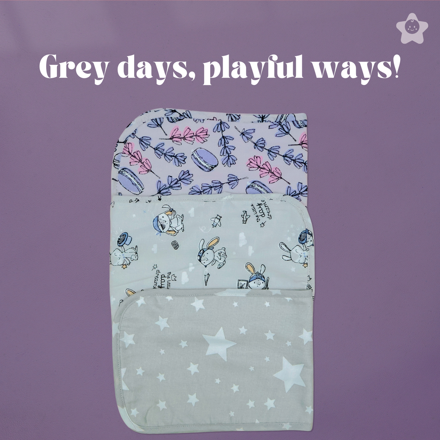 Kika Kiki Grey Shades Burp Cloth- 100% Soft Muslin Cotton (Pack of 3)
