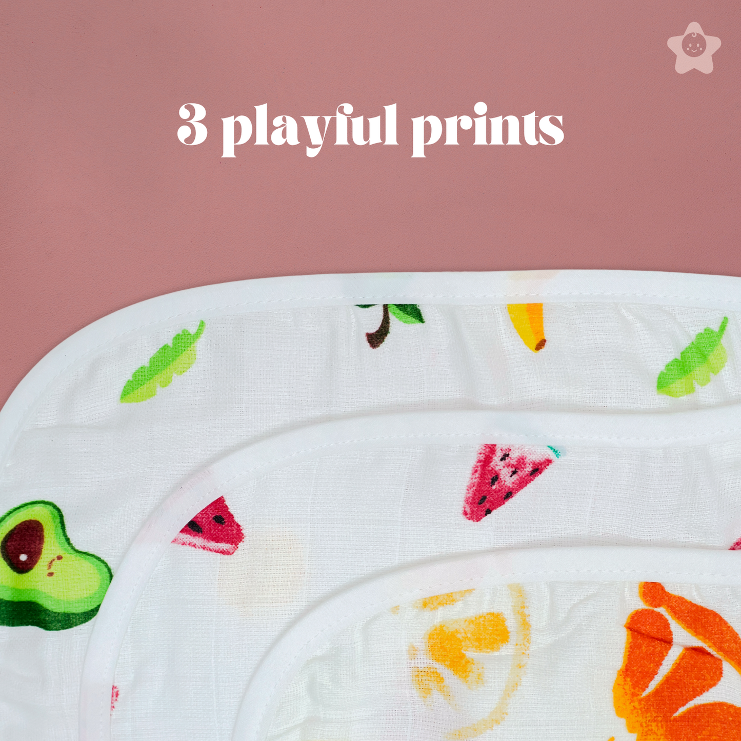 Kika Kiki Juicy Fruits Print Baby Apron Bibs - 100% Soft Muslin Cotton (Pack of 3)