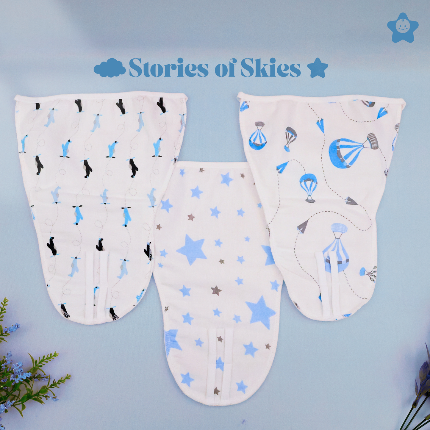 Kika Kiki Sky Twinkles Muslin Padded Nappies - 100% Soft Cotton Langot (Pack of 3)