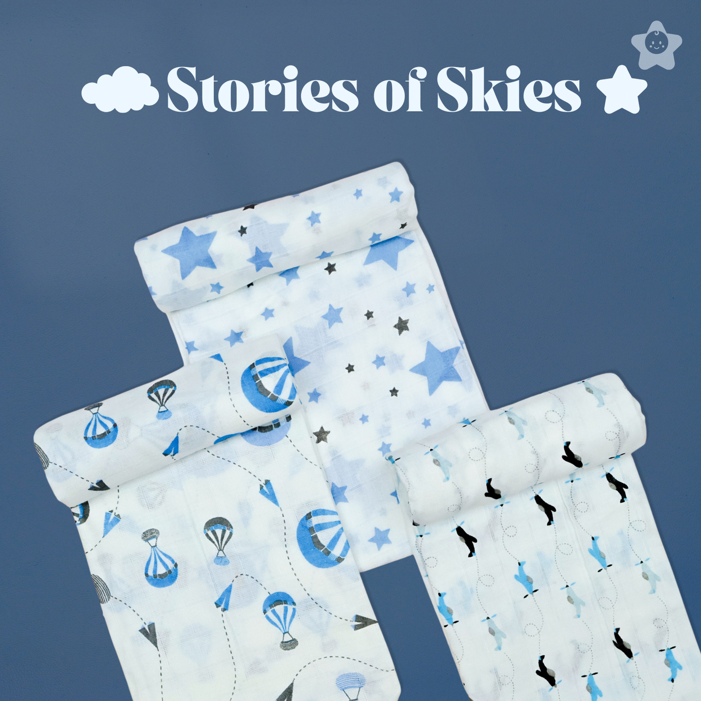 Kika Kiki Sky Twinkle Muslin Swaddle Blanket - Ultra soft 100% Muslin Cotton Swaddle Wrapper (pack of 3)