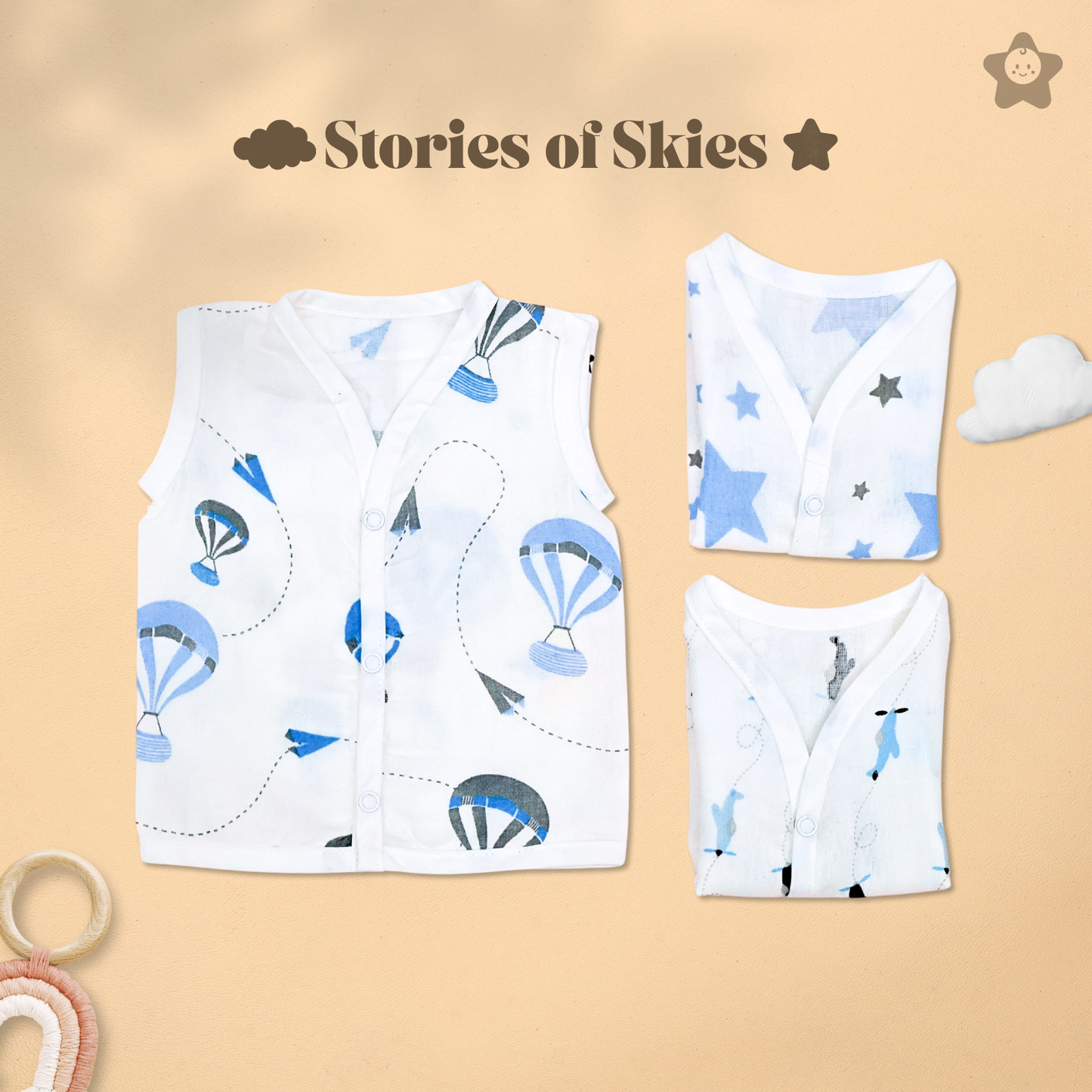 Kika Kiki Sky Twinkles edition Muslin Jhabla - 100% Soft Muslin Cotton Unisex Button up Vest (Pack of 3)