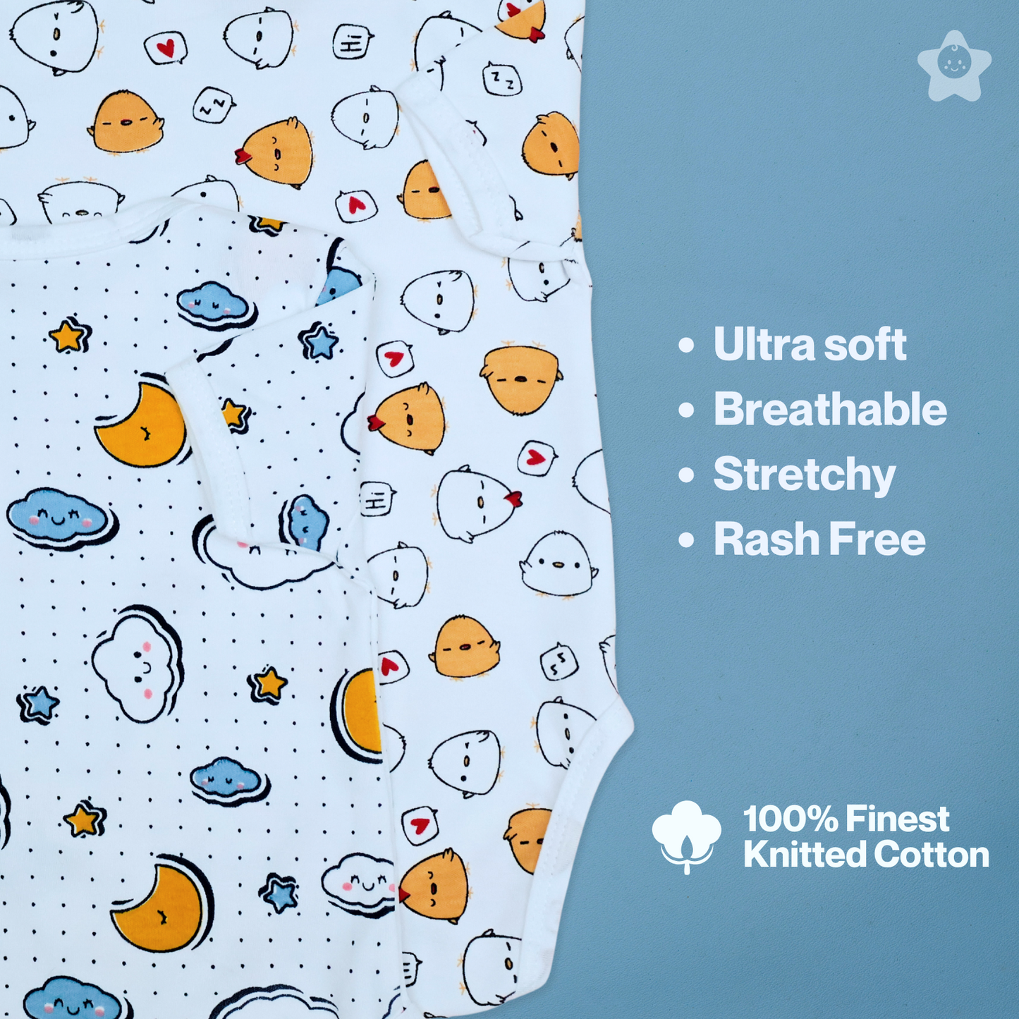 Kika Kiki Buddy Prints BodySuits - 100% Ultra Soft Knitted Cotton Unisex Onesies (Pack of 2)