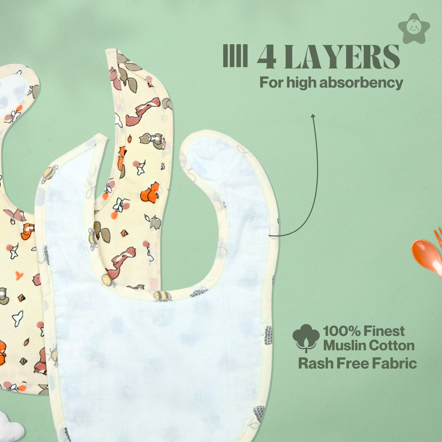 Kika Kiki Squirrels & Bees Duo Baby Apron Bibs - 100% Soft Muslin Cotton (Pack of 2)