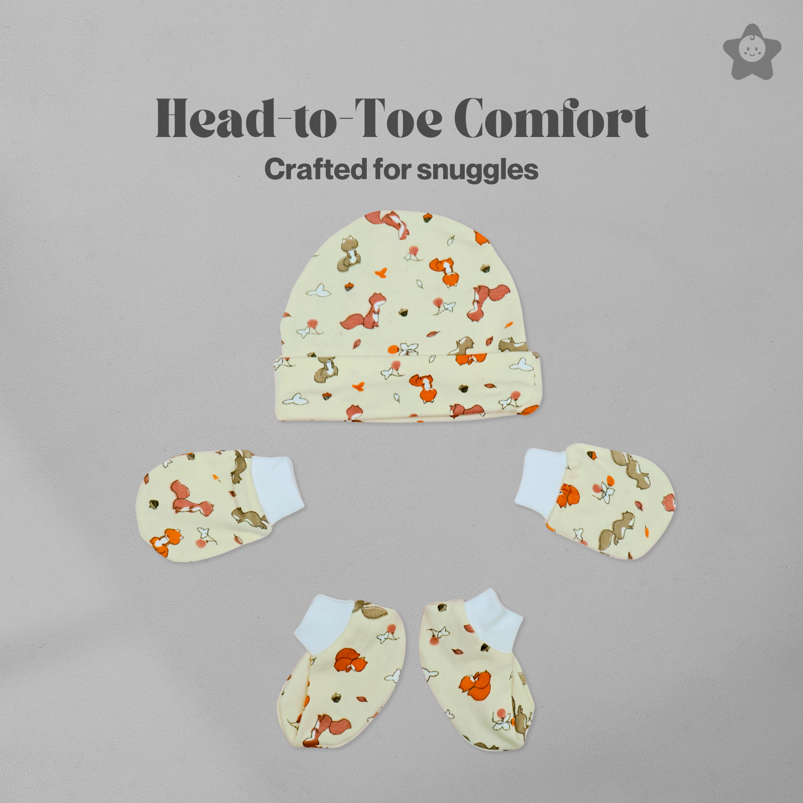 Kika Kiki Cap Mittens Booties Set - 100% Ultra Soft Cotton Combo Squirrels prints