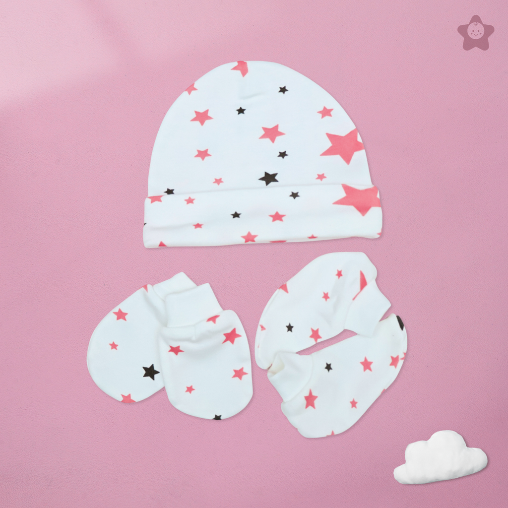 Kika Kiki Cap Mittens Booties Set - 100% Ultra Soft Cotton Combo Set Stars (Fuchisa)
