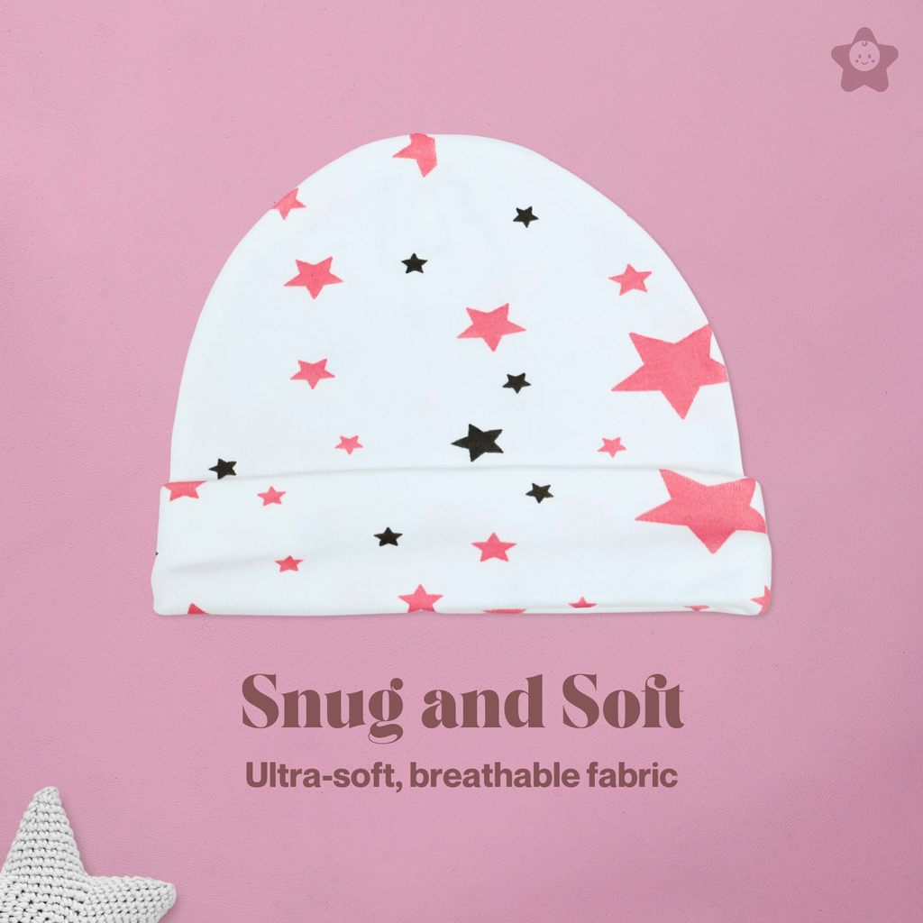 Kika Kiki Cap Mittens Booties Set - 100% Ultra Soft Cotton Combo Set Stars (Fuchisa)