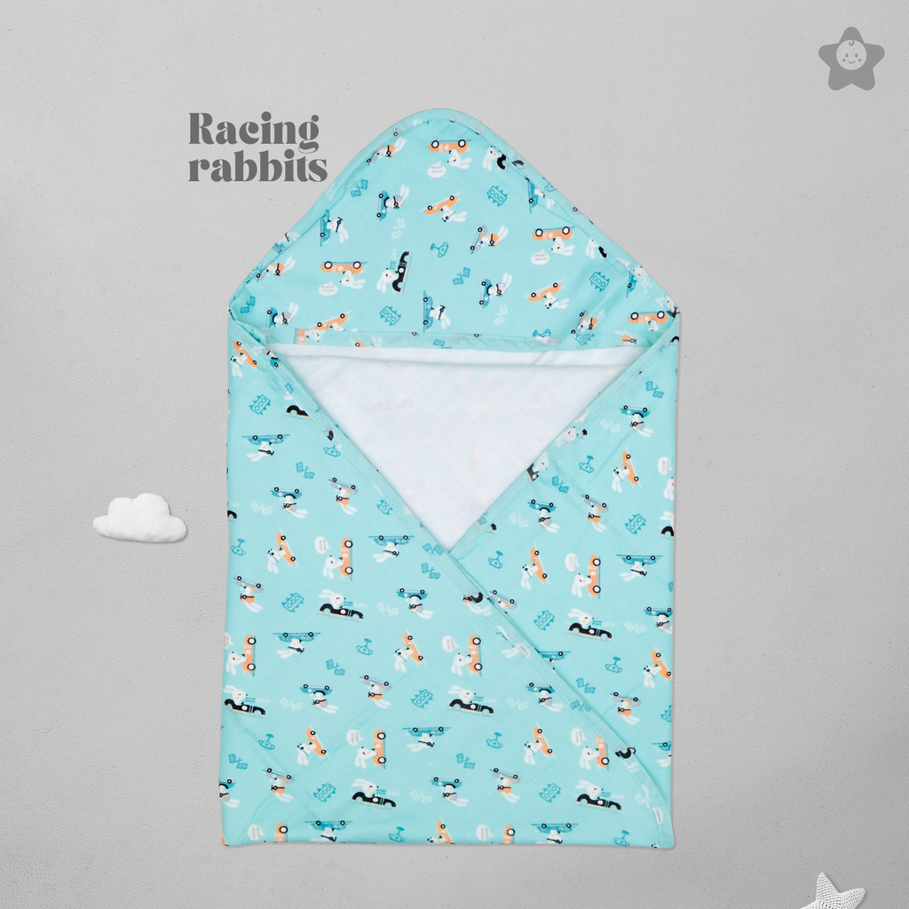Kika Kiki Racing Rabbits Hooded Wrapper Bath Towel - 100% Soft Muslin Cotton (Pack of 1)