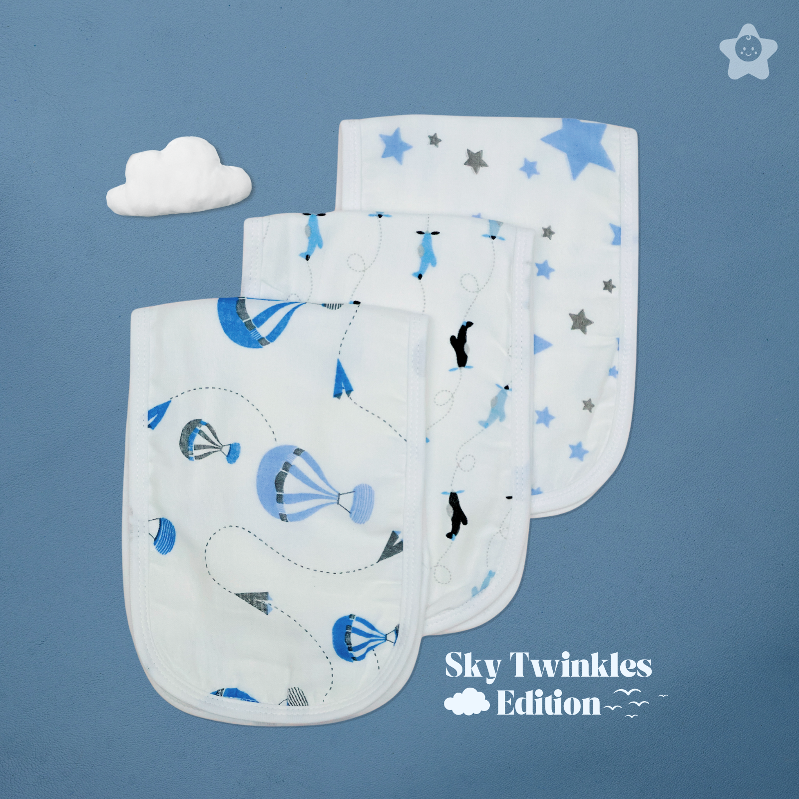 Kika Kiki Sky Twinkles prints Burp Cloth- 100% Soft Muslin Cotton (Pack of 3)