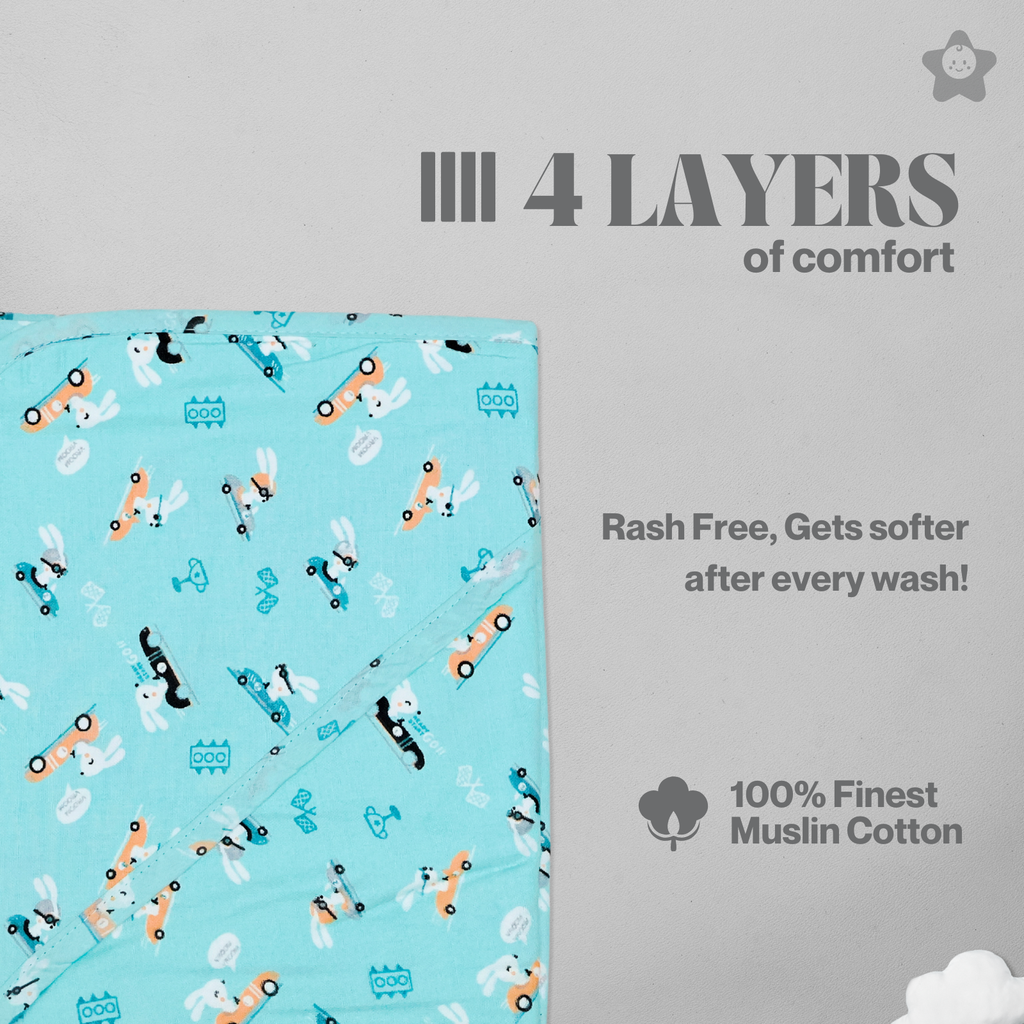 Kika Kiki Racing Rabbits Hooded Wrapper Bath Towel - 100% Soft Muslin Cotton (Pack of 1)