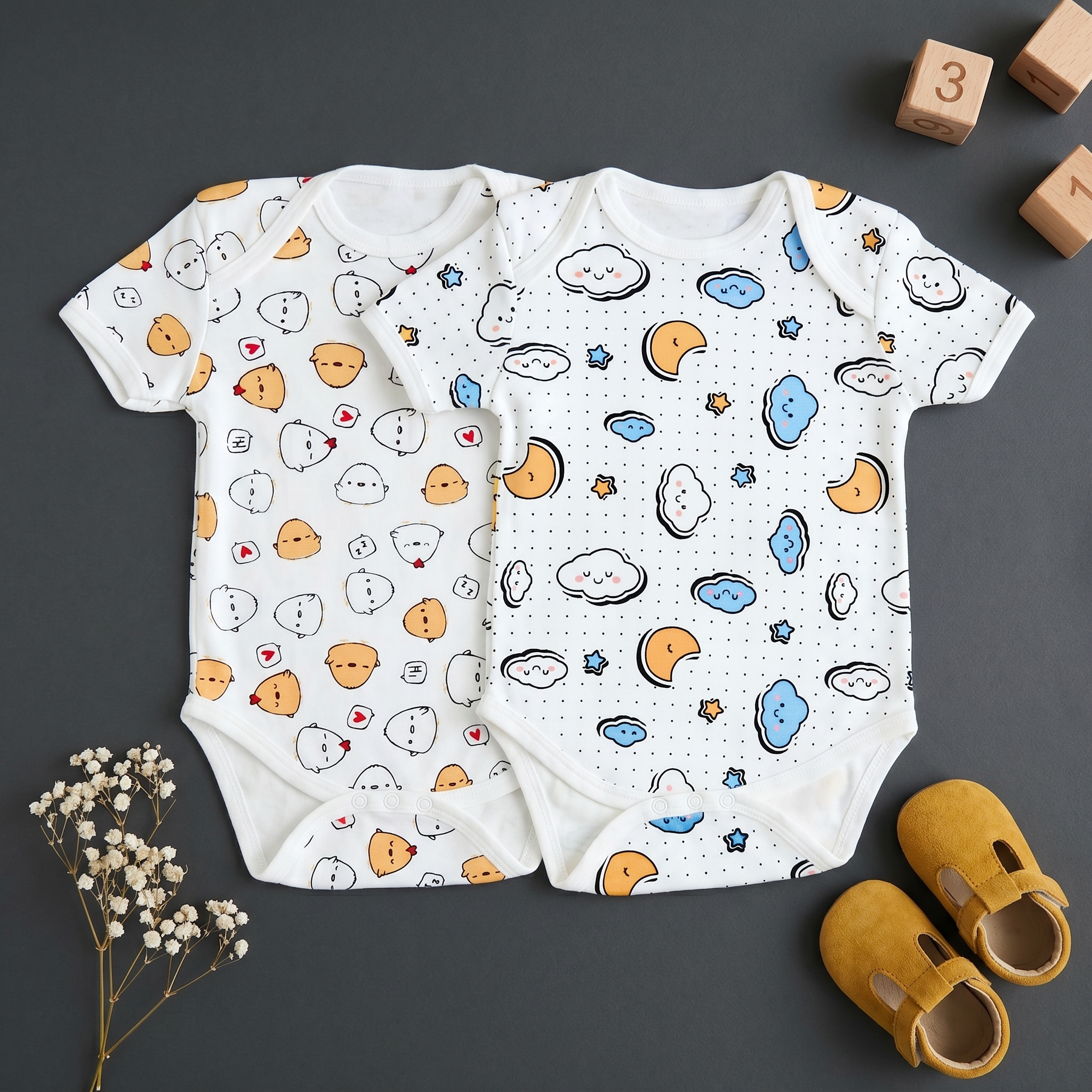 Kika Kiki Buddy Prints BodySuits - 100% Ultra Soft Knitted Cotton Unisex Onesies (Pack of 2)