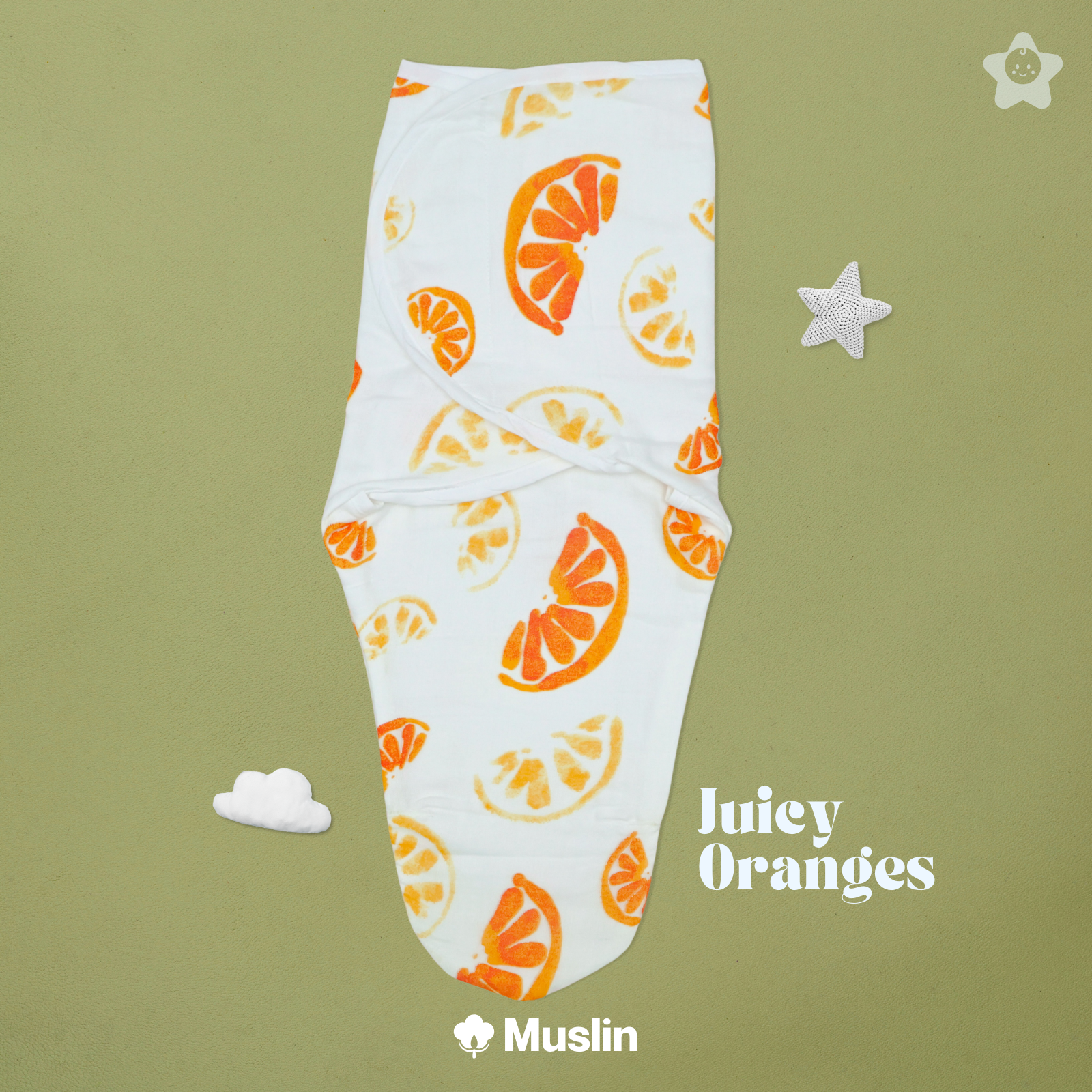 Kika Kiki Juicy Oranges Velcro Muslin Swaddle -100% Muslin Swaddle Wrapper (Pack of 1)