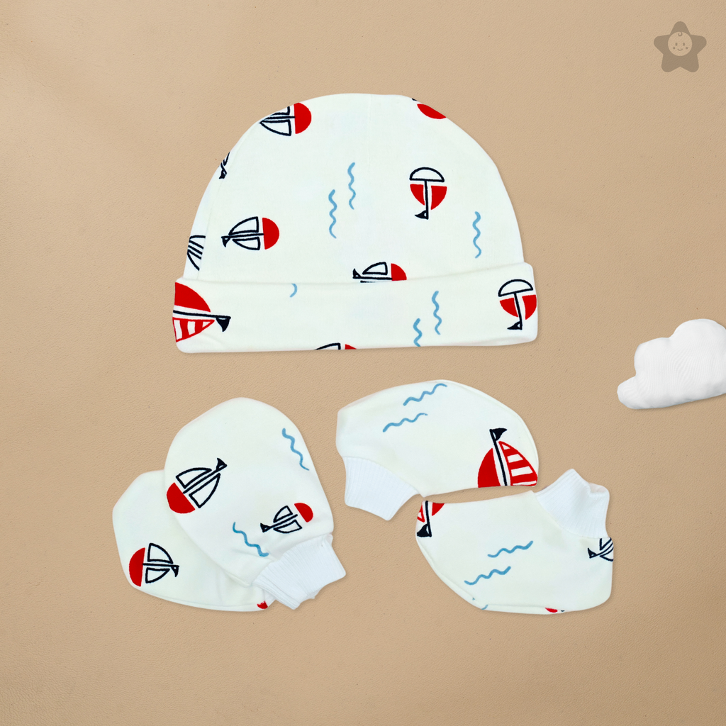 Kika Kiki Cap Mittens Booties Set - 100% Ultra Soft Cotton Combo Sailing Boats print