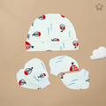 Kika Kiki Cap Mittens Booties Set - 100% Ultra Soft Cotton Combo Sailing Boats print