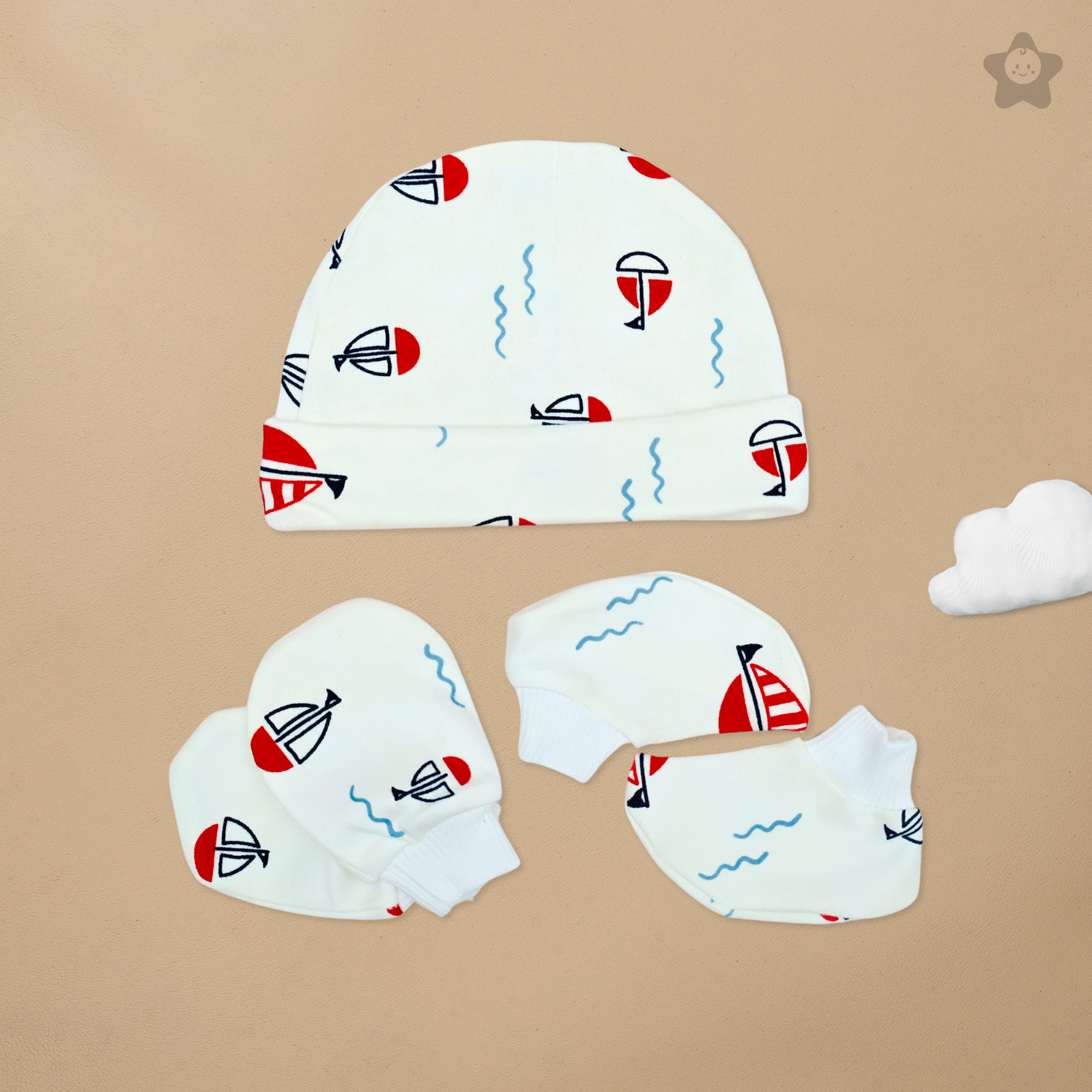 Kika Kiki Cap Mittens Booties Set - 100% Ultra Soft Cotton Combo Sailing Boats print