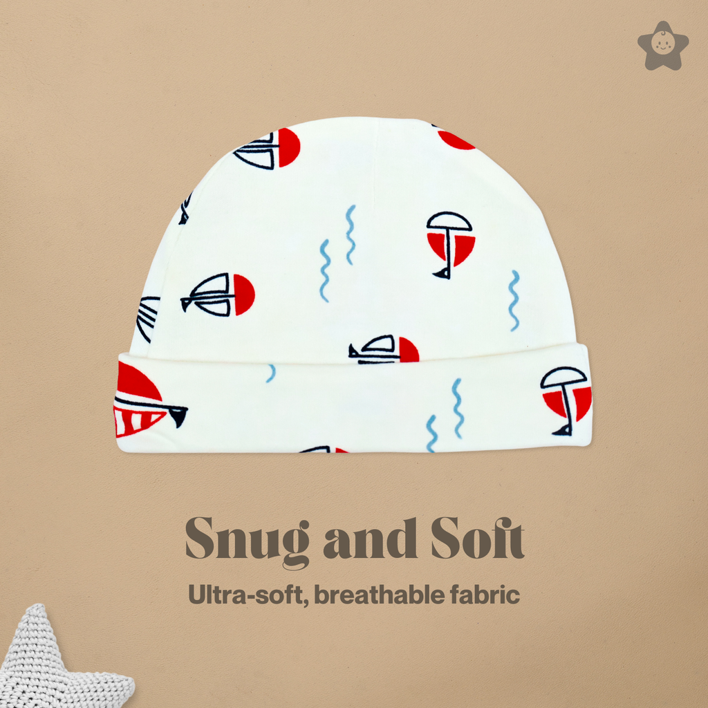 Kika Kiki Cap Mittens Booties Set - 100% Ultra Soft Cotton Combo Sailing Boats print