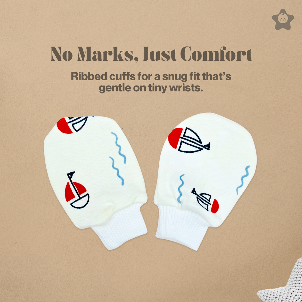 Kika Kiki Cap Mittens Booties Set - 100% Ultra Soft Cotton Combo Sailing Boats print