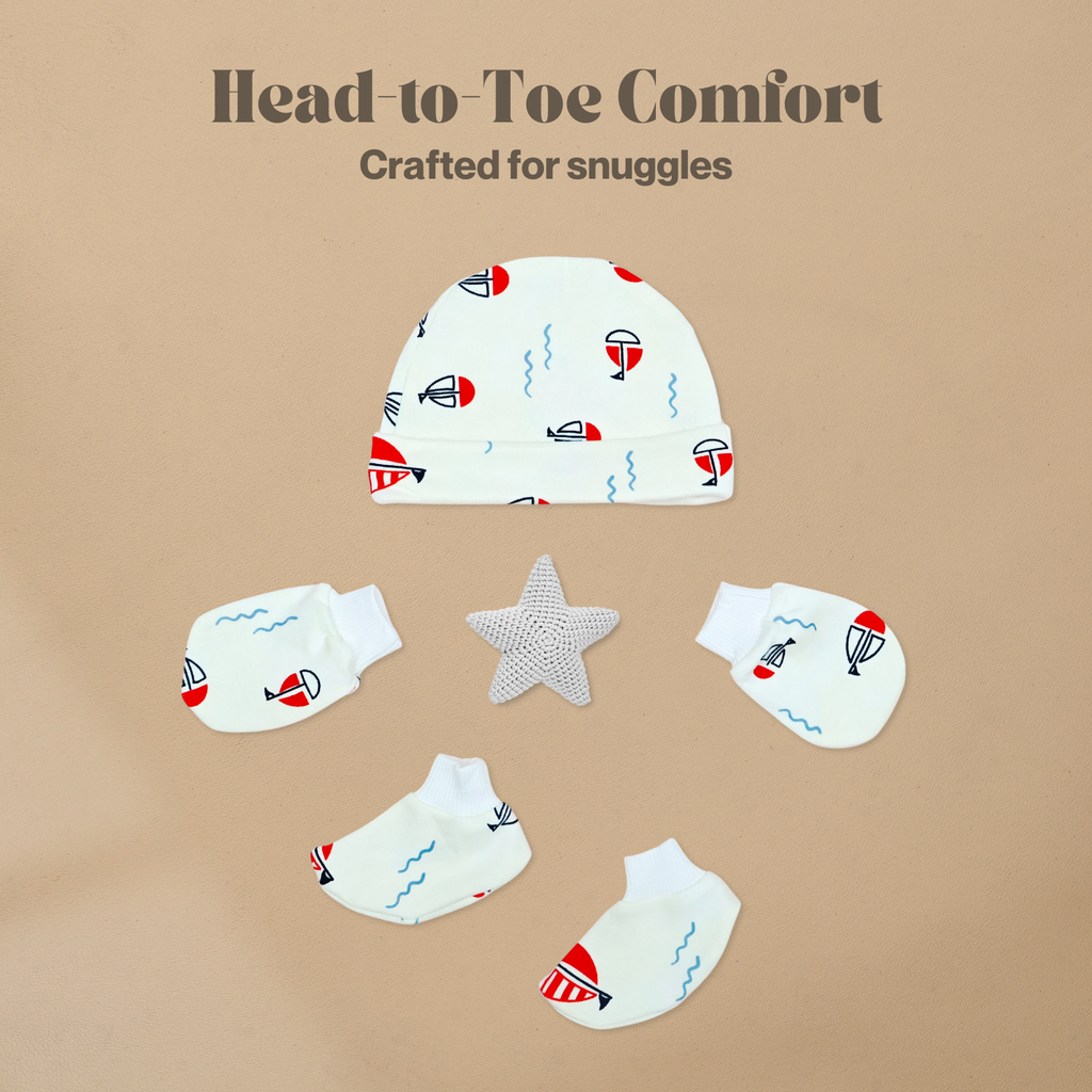 Kika Kiki Cap Mittens Booties Set - 100% Ultra Soft Cotton Combo Sailing Boats print