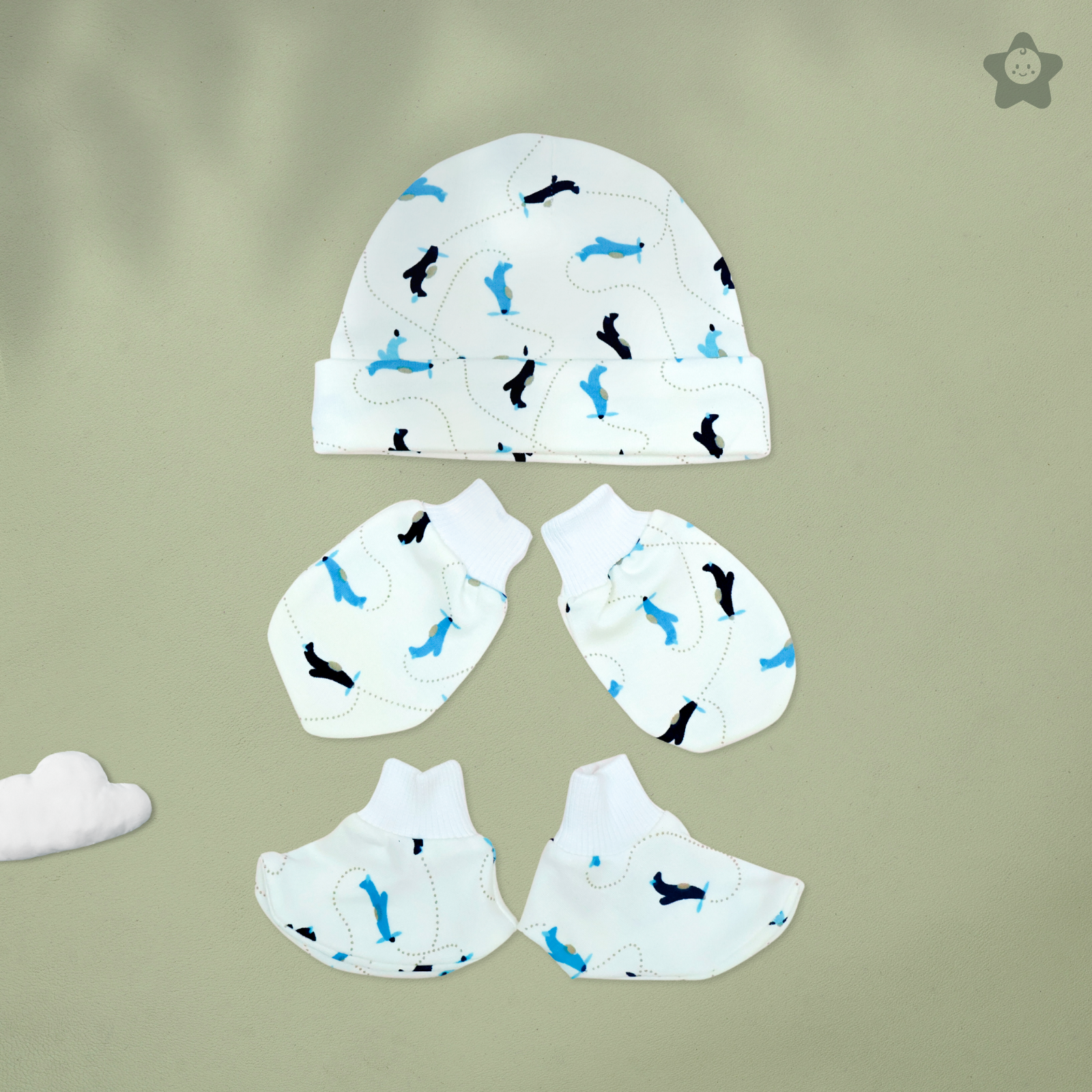 Kika Kiki Cap Mittens Booties Set - 100% Ultra Soft Cotton Combo Planes prints