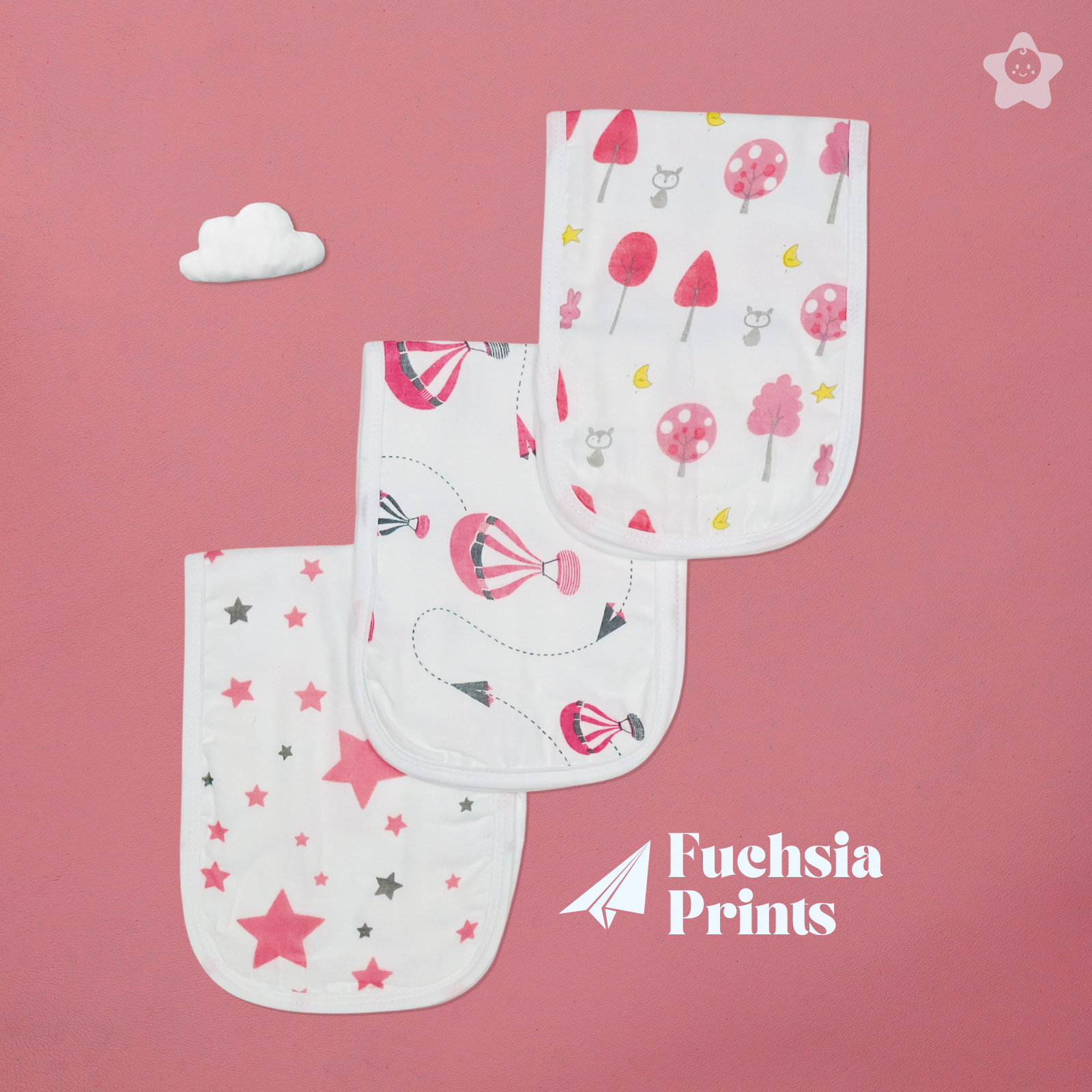 Kika Kiki Fuchisa prints Burp Cloth- 100% Soft Muslin Cotton (Pack of 3)