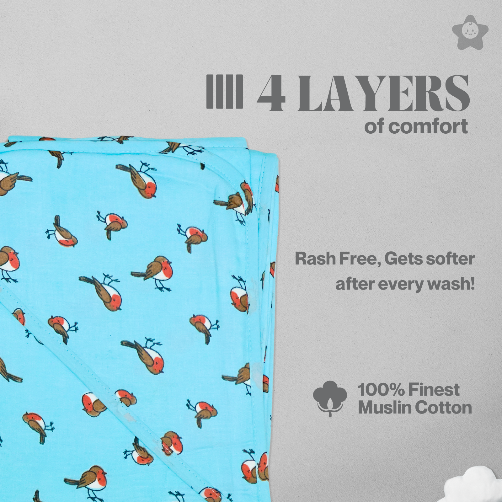 Kika Kiki Chirpy Joy Hooded Wrapper Bath Towel - 100% Soft Muslin Cotton (Pack of 1)