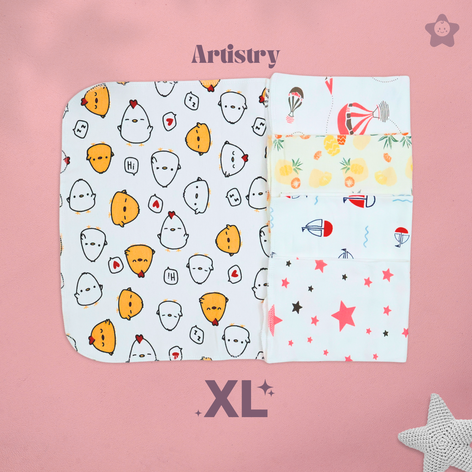 Kika Kiki XL Artistry Prints Wash Cloths - 100% Ultra Soft Cotton Assorted Face wipes (Pack of 5)