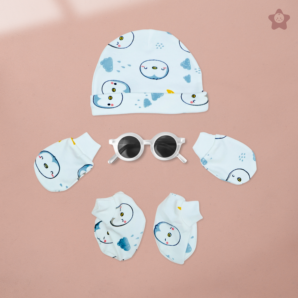 Kika Kiki Cap Mittens Booties Set - 100% Ultra Soft Cotton Combo Cartoon prints