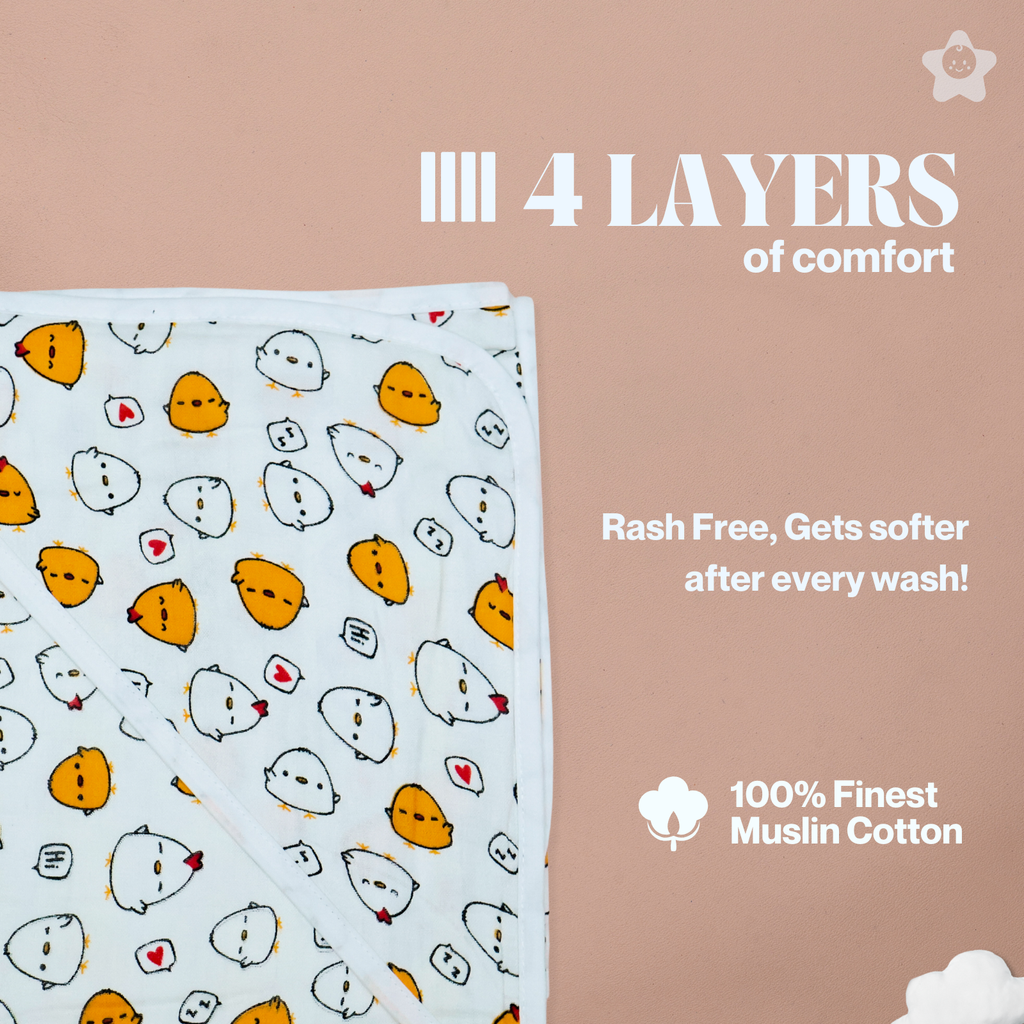 Kika Kiki Joyful Quacks Hodded Wrapper Bath Towel - 100% Soft Muslin Cotton (Pack of 1)