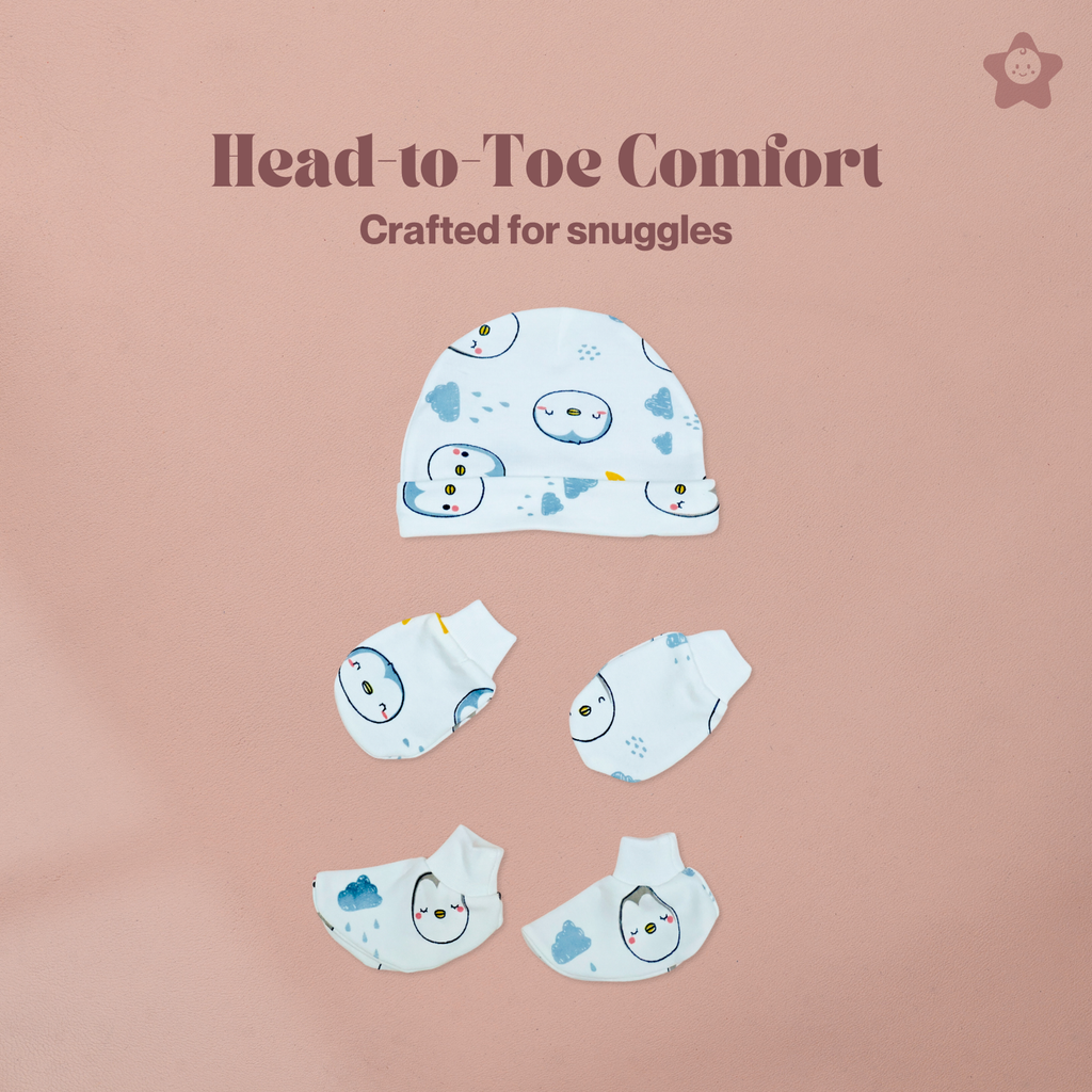 Kika Kiki Cap Mittens Booties Set - 100% Ultra Soft Cotton Combo Cartoon prints