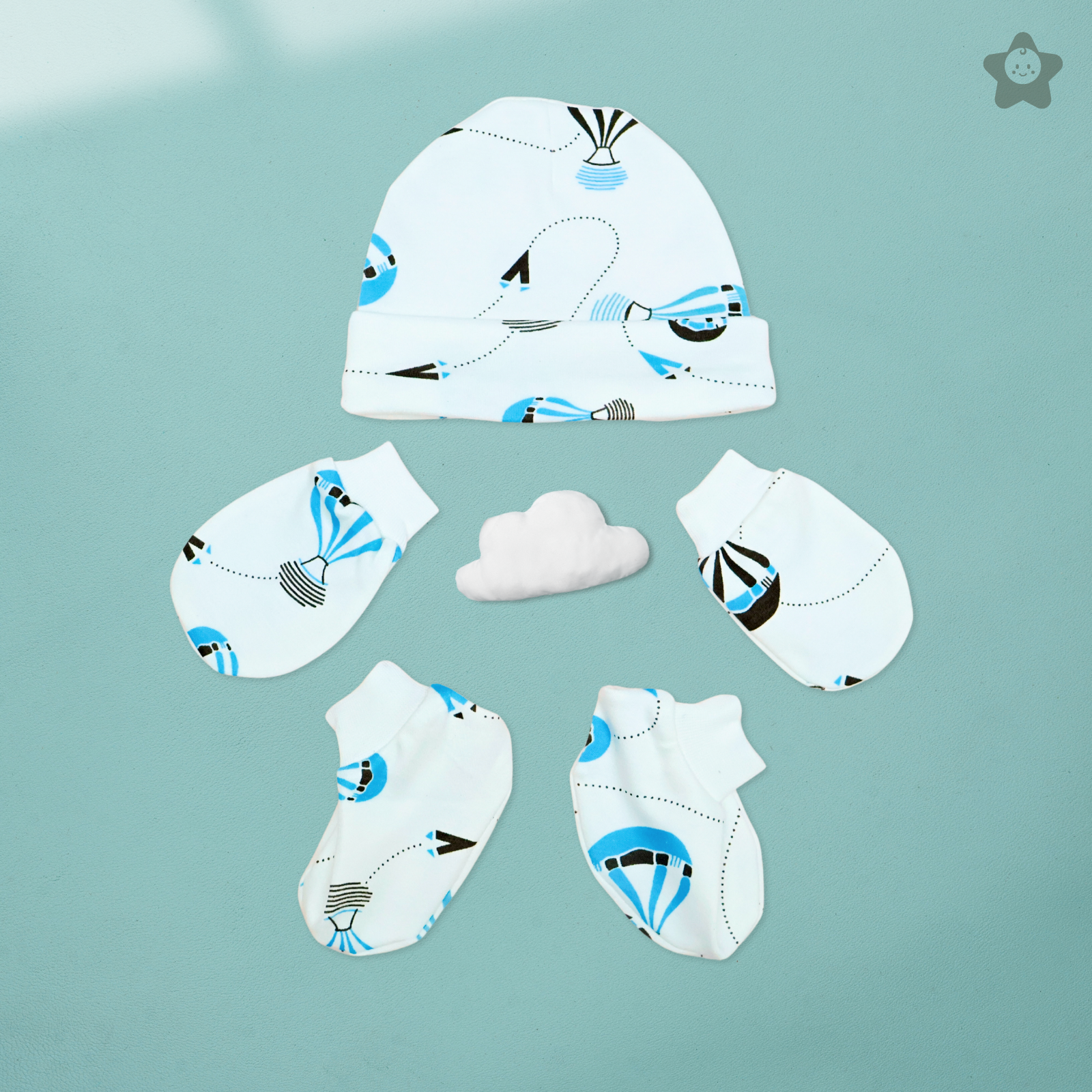 Kika Kiki Cap Mittens Booties Set - 100% Ultra Soft Cotton Combo Sky twinkles Print