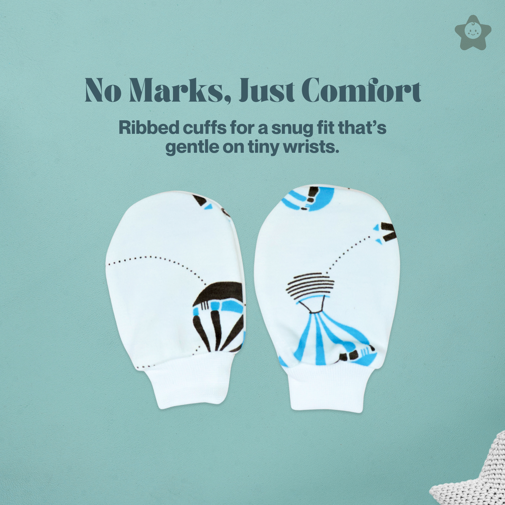 Kika Kiki Cap Mittens Booties Set - 100% Ultra Soft Cotton Combo Sky twinkles Print