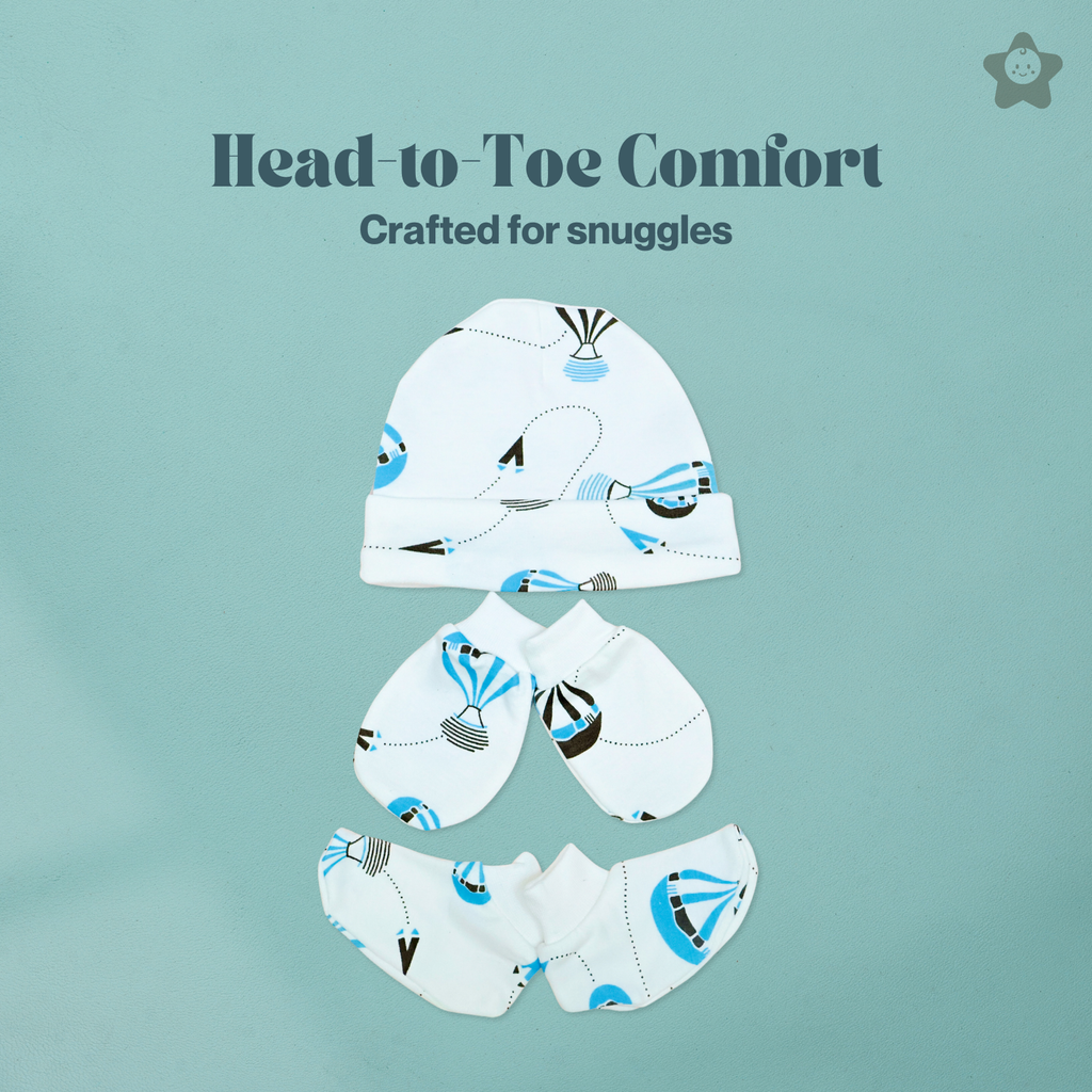 Kika Kiki Cap Mittens Booties Set - 100% Ultra Soft Cotton Combo Sky twinkles Print