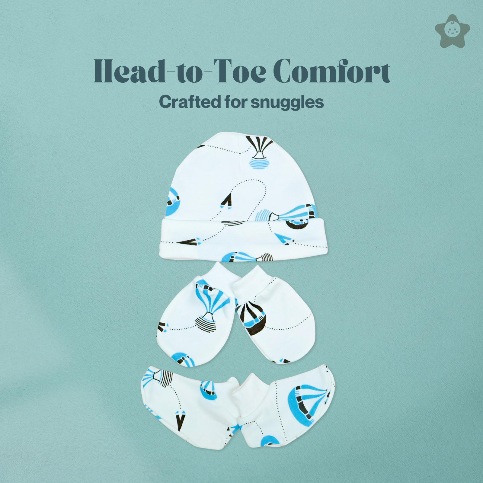 Kika Kiki Cap Mittens Booties Set - 100% Ultra Soft Cotton Combo Sky twinkles Print