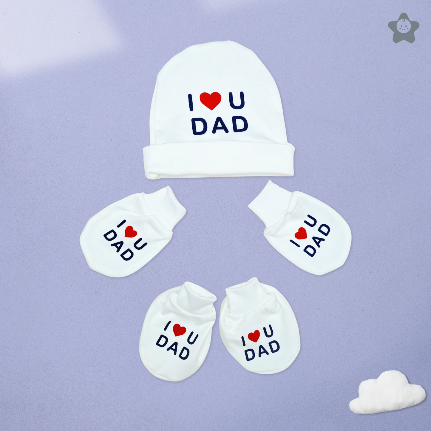 Kika Kiki I Love Dad Prints Cap Mittens Booties Set - 100% Ultra Soft Cotton Combo White