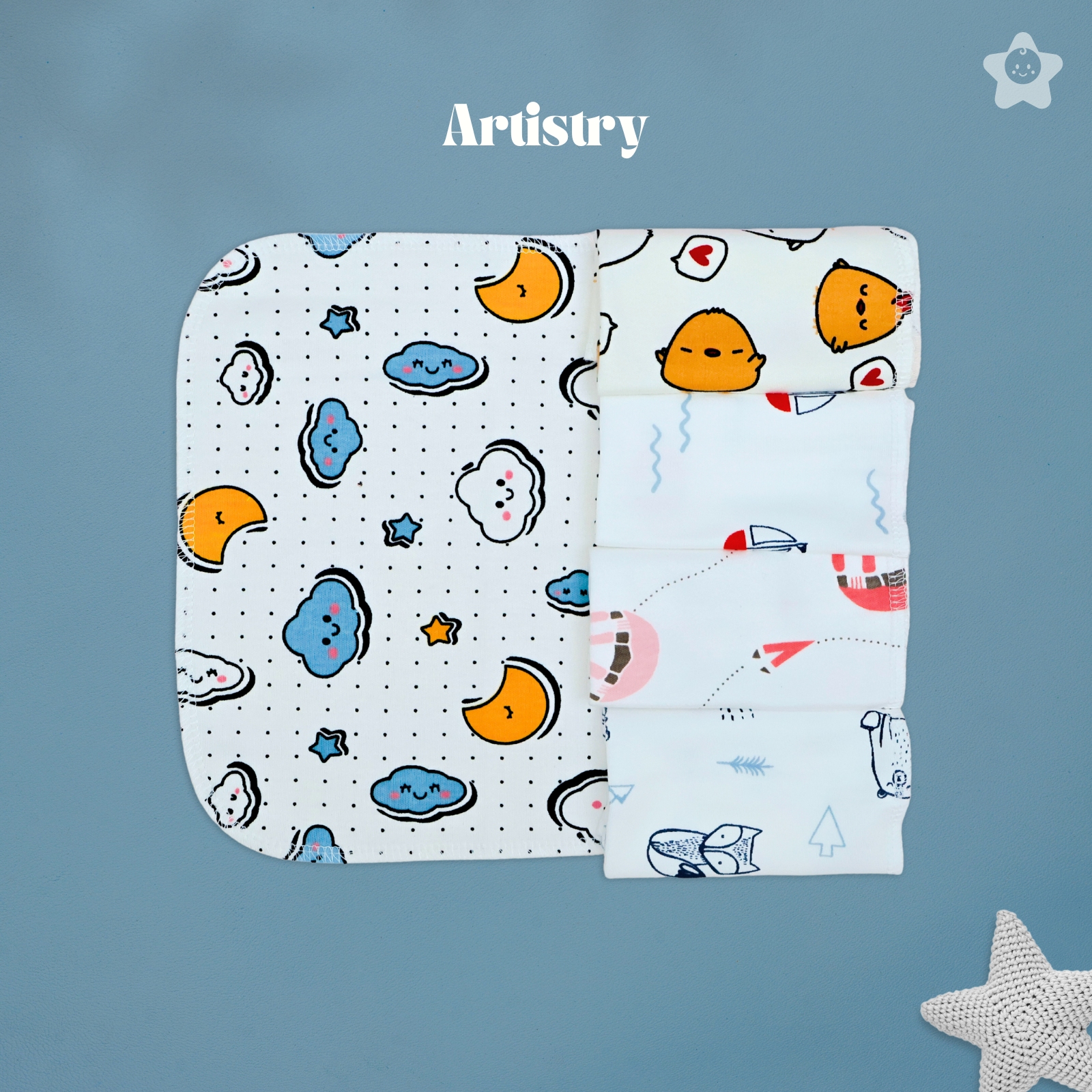 Kika Kiki Artistry Prints Wash Cloths - 100% Ultra Soft Cotton Assorted Face wipes (Pack of 5)