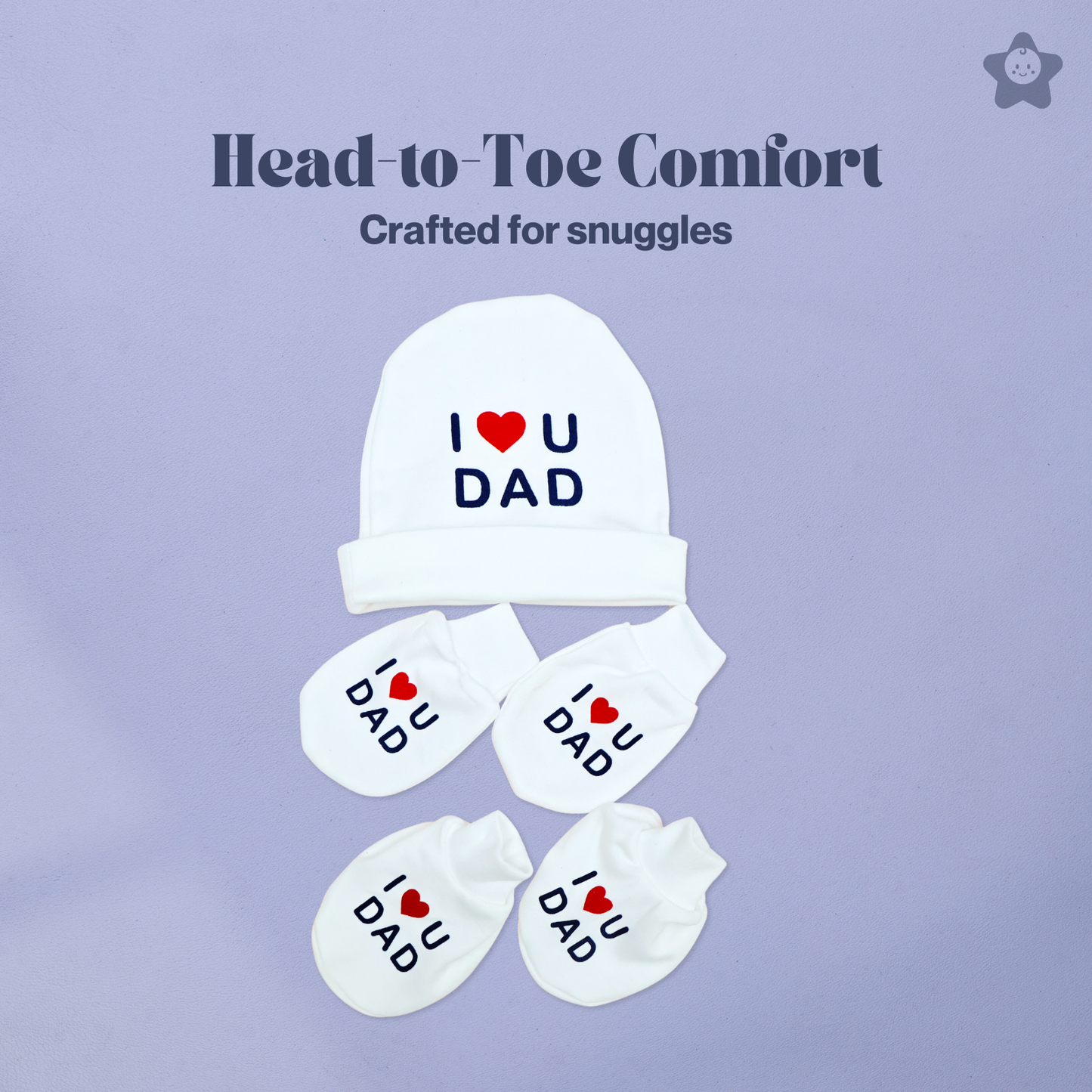 Kika Kiki I Love Dad Prints Cap Mittens Booties Set - 100% Ultra Soft Cotton Combo