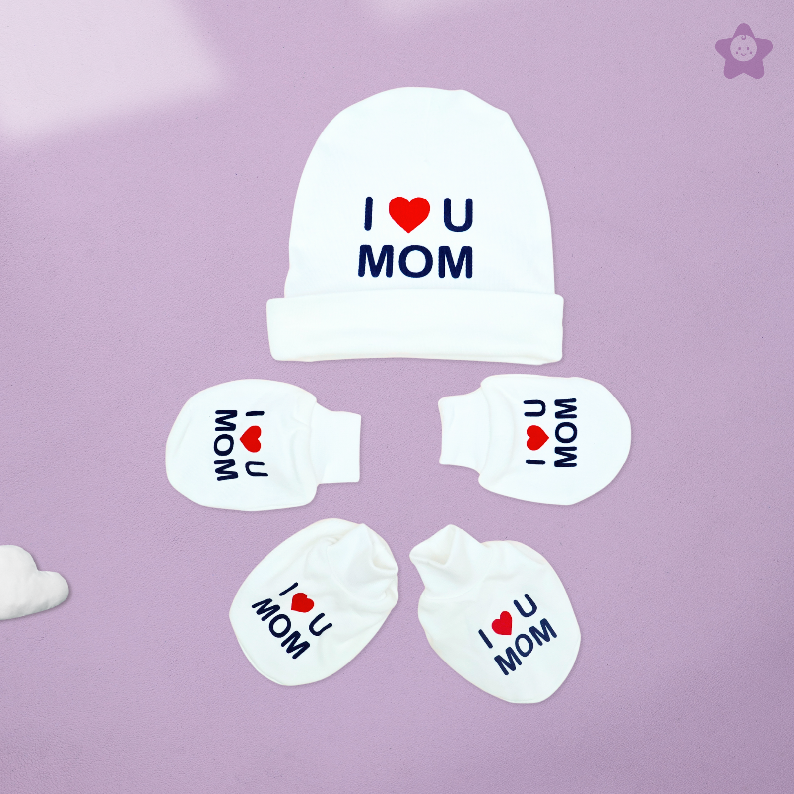 Kika Kiki I Love Mom Prints Cap Mittens Booties Set - 100% Ultra Soft Cotton Combo White