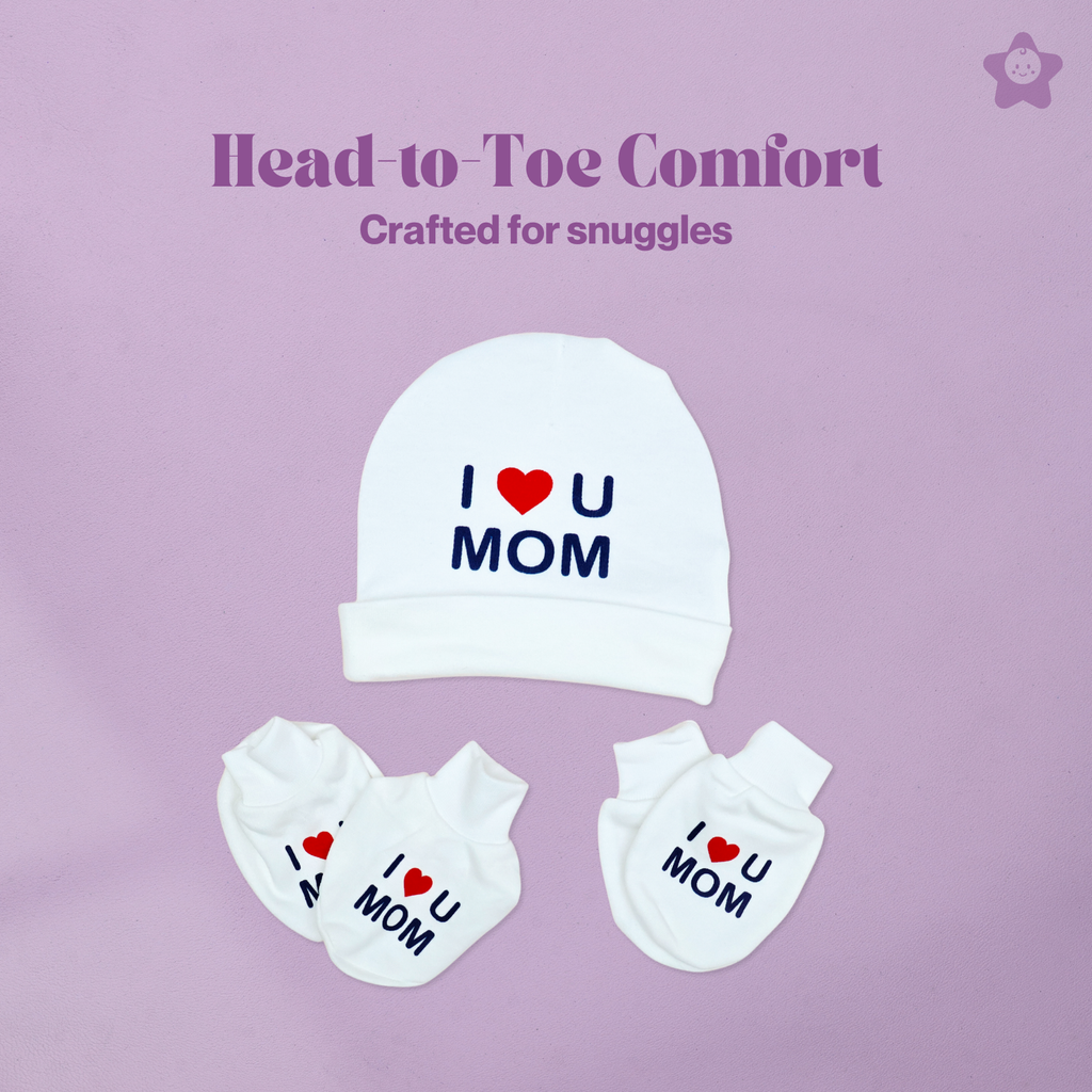 Kika Kiki I Love Mom Prints Cap Mittens Booties Set - 100% Ultra Soft Cotton Combo