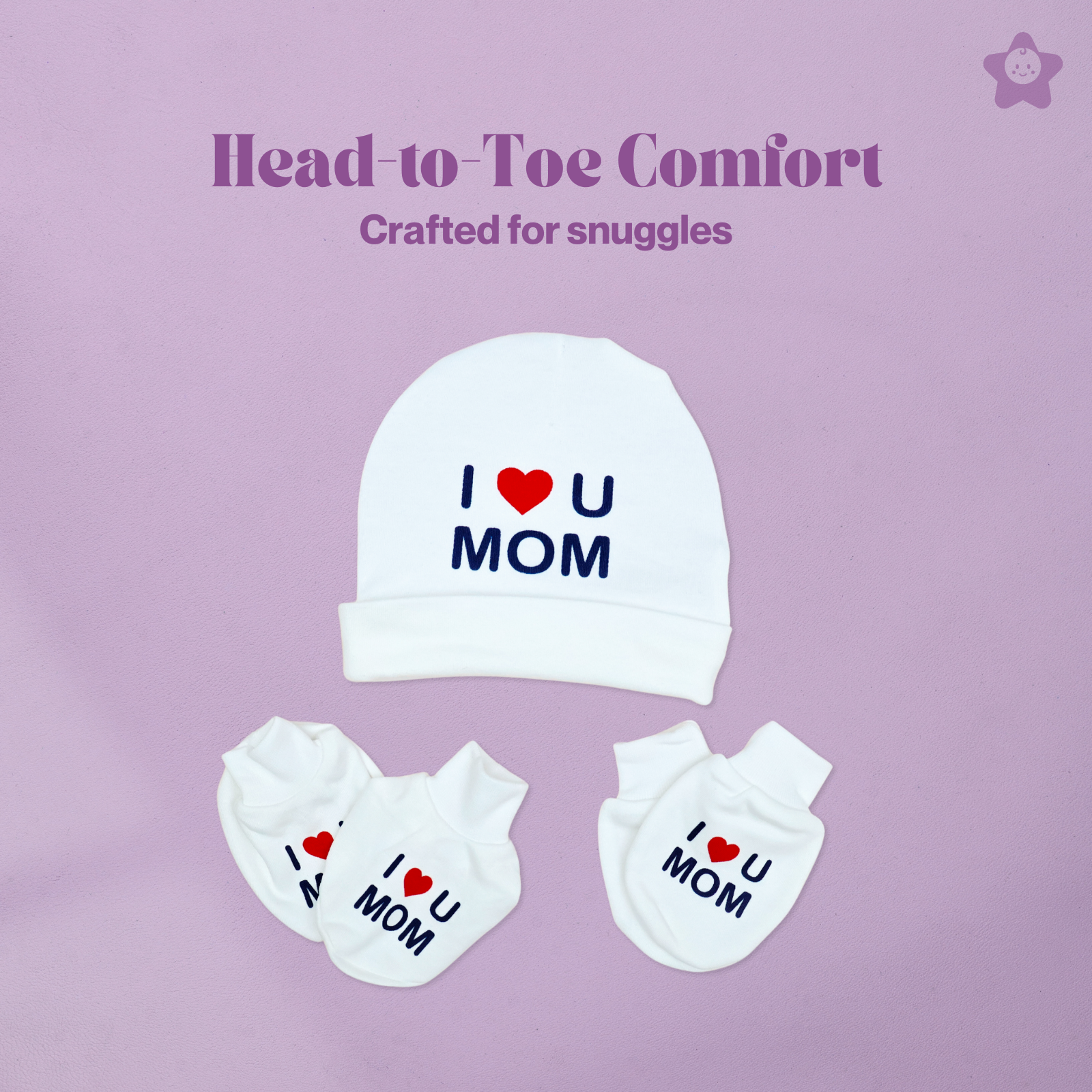Kika Kiki I Love Mom Prints Cap Mittens Booties Set - 100% Ultra Soft Cotton Combo